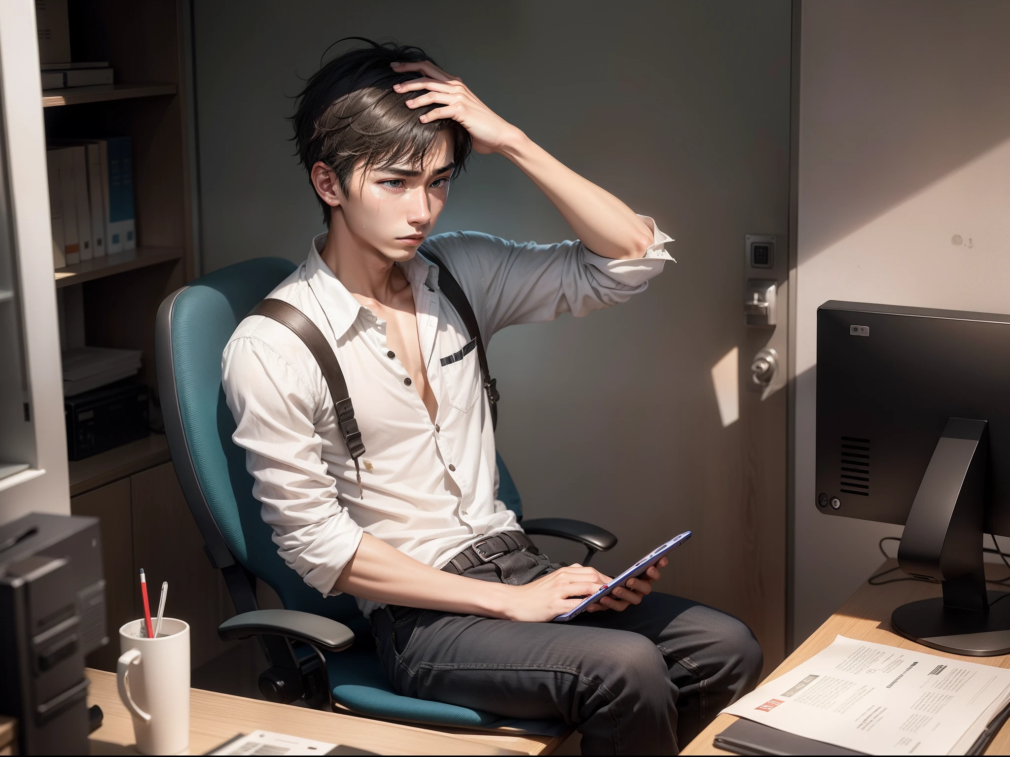 A young man sits at his desk,holding cell phone,Distressed face。