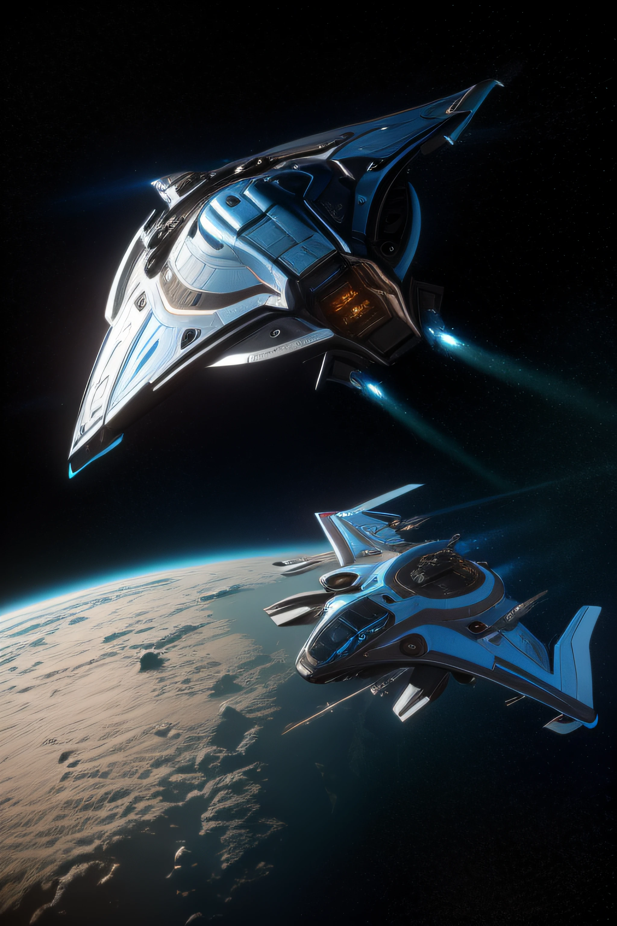 futuristic spaceship, smooth lines aerodynamic, flying in space near a supernova blue sun
