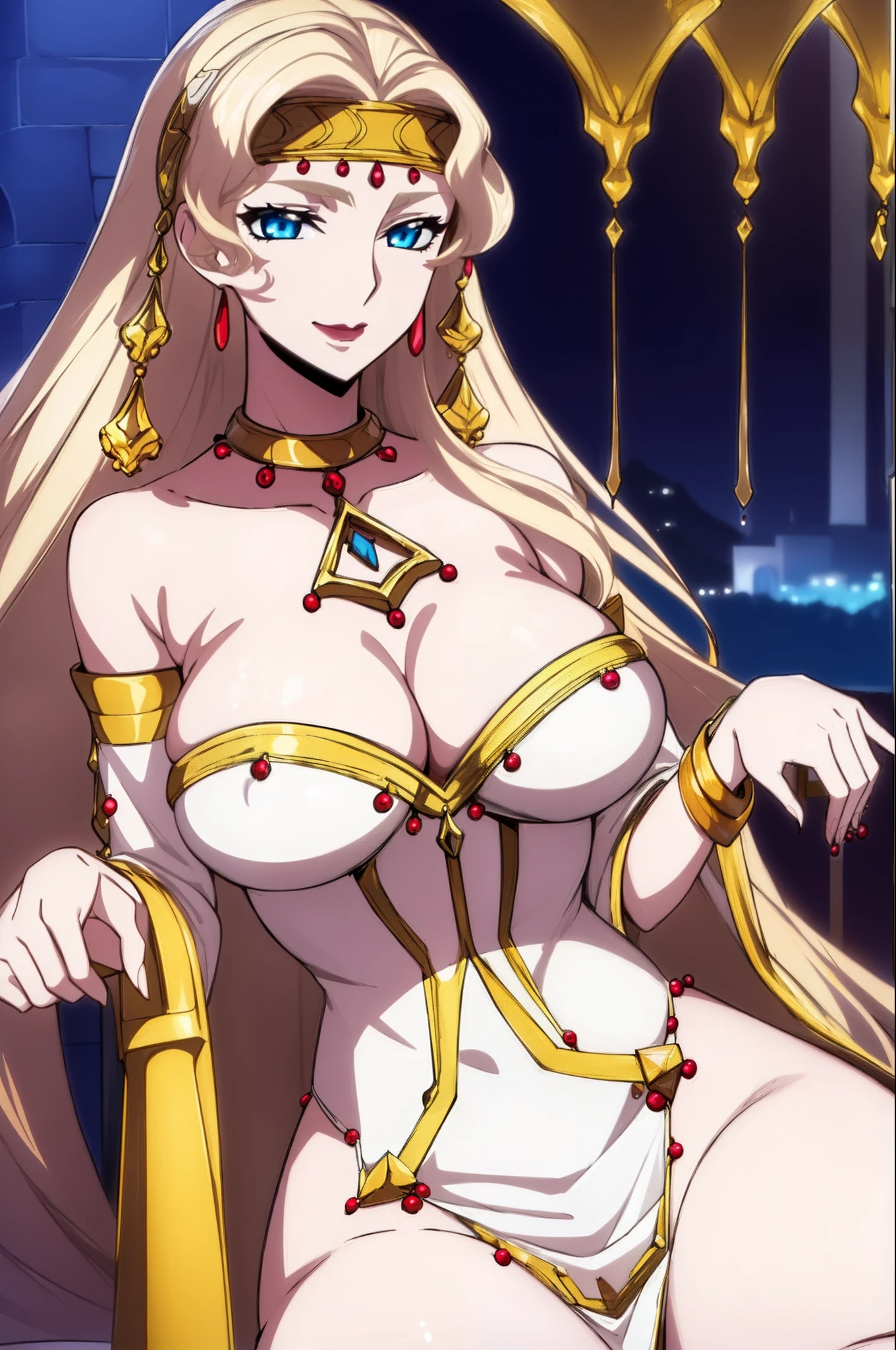 (Night:1.7), Castle,
sitting at attention,sitting on throne,
yellow outfit,
jewelry,midriff,gem,holding_staff, circlet,earrings,necklace,
blonde hair,blue_eyes,Very_long_hair,(a red heart in the center of the eye,),
1 girl, 20yo,mature female,Beautiful Finger,Beautiful long legs,Beautiful body,Beautiful Nose,Beautiful character design, perfect eyes, perfect face,
looking at viewer,
NSFW,official art,extremely detailed CG unity 8k wallpaper, perfect lighting,Colorful, Bright_Front_face_Lighting,
(masterpiece:1.0),(best_quality:1.0), ultra high res,4K,ultra-detailed,
photography, 8K, HDR, highres, absurdres:1.2, Kodak portra 400, film grain, blurry background, bokeh:1.2, lens flare, (vibrant_color:1.2)
(Beautiful,large_Breasts:1.4), (beautiful_face:1.5),(narrow_waist), huge breasts smile standing