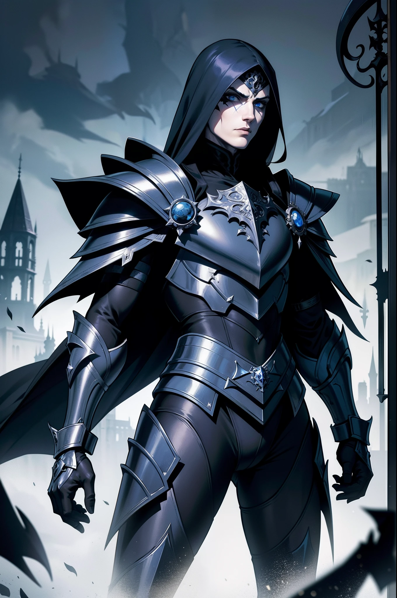 Male warrior character legion of the Phantom Spectre wearing black and blue gothic armor, bem detalhada, espada e escudo, fluttering cover, with blue eyes color of ice, Gothic city, cripta, 8k, Magnificent posture, poderosa e imponente, Escuro, maligno, Multiple characters in the image, sinister gothic armor warrior, ghastly presence, gelo, gelado, Iron mask