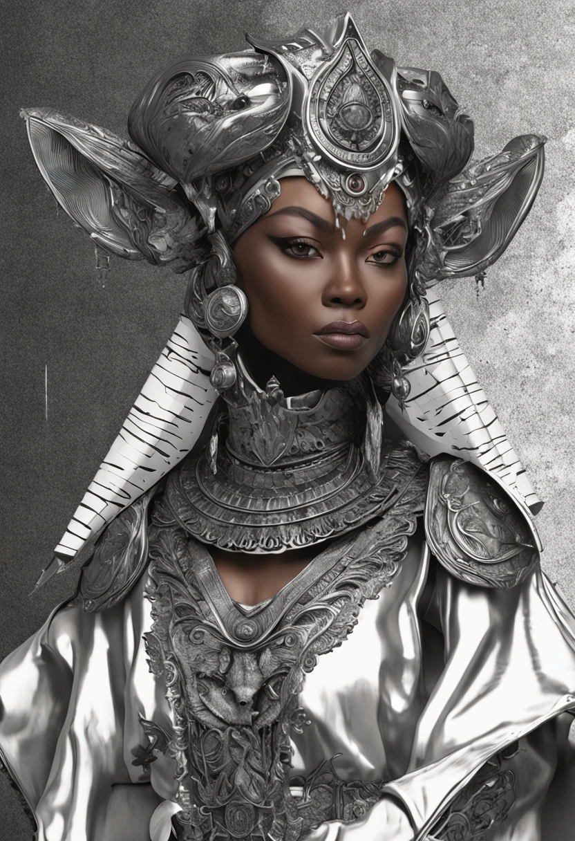 Japanese fox, Black woman on the right, Hannia mask style, Illustrator, 0mib,Masterpiece, High quality, black and grey, monochrome, 8K, high resolution, High detail, Japanese, Samurai,Extremely detailed eyes and face, Beautiful detailed nose, Beautiful detailed eyes, light in face, view the viewer, (1 female, Mature face), Realistic face, full pouty lips, Enchanted smile, Realistic body, (RAW photo, Best quality), (Realistic, Photorealistic: 1.3), Masterpiece, Extremely beautiful, Extremely detailed, CG, Unity, 4k wallpaper, Amazing, Fine details, Extremely detailed 8K CG solidarity wallpaper, Huge size archive, Ultra-detailed, high resolution, absurderes, Soft light, Wet dress, Big round ass,