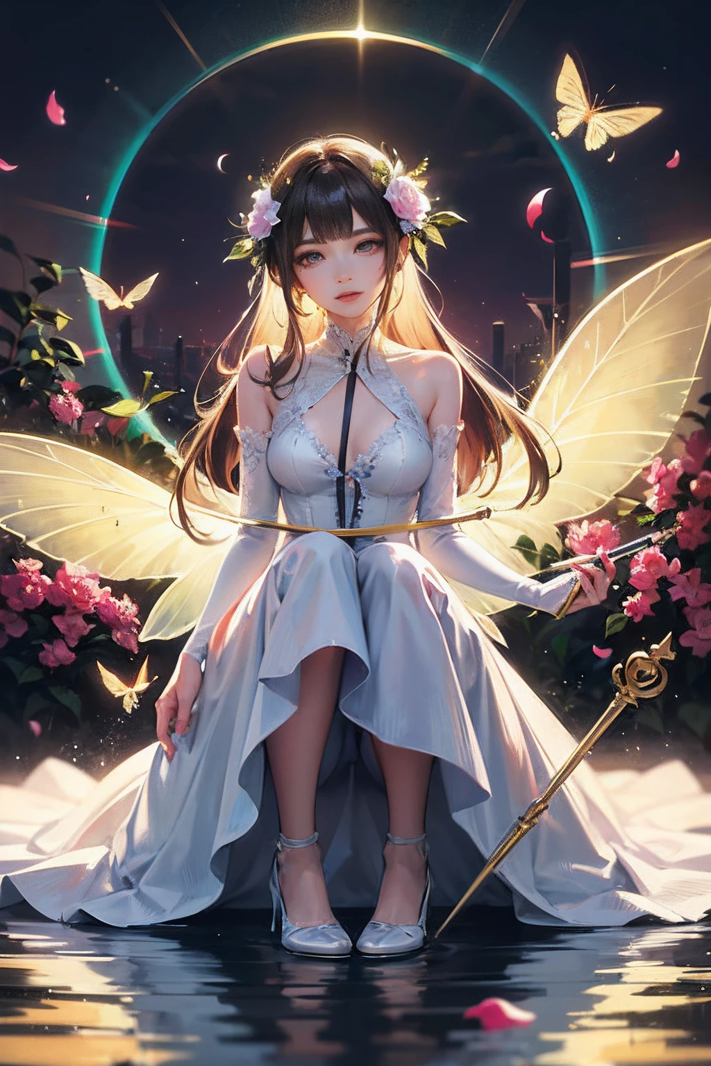 (Masterpiece), (Best picture quality), 8K, High detail, Super detail, Beautiful and magical flower fairy, There are translucent wings on the back, Fly in mid-air, Shimmering with bright colors like a rainbow, Fly in mid-air, Fly gracefully between two flower-filled trees, The background is lush with flowers, Her presence fills the surroundings with a charming feeling, Cast a mesmerizing glow on the spot, Her dress, Made from delicate petals and leaves, Blend in with the natural elements of your surroundings, She held a wand in her hand, It emits a soft and brilliant glow, Symbolizes her love of magic and her ability to bloom flowers and joy, The expression sitting on the tree is calm, Reflecting her deep connection to nature and the harmonious energy that flows through her, Close-up, Realistic, highly detailed and intricate, The image embodies the ethereal nature of the flower fairy, Blending her enchanting presence with the tranquil beauty of the natural world