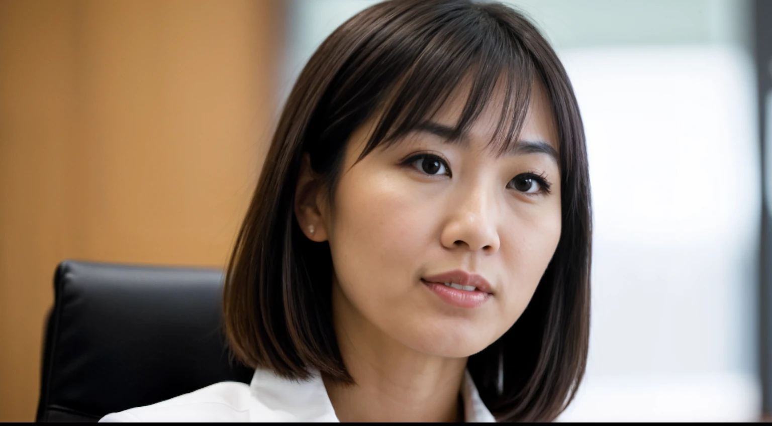 instagram photo, closeup face photo A dynamic shot of a Japanese businesswoman engaged in conversation during a corporate meeting, focused, expressive, Canon EOS 80D with 18-135mm f/3.5-5.6 lens, ambient office light, candid photography.