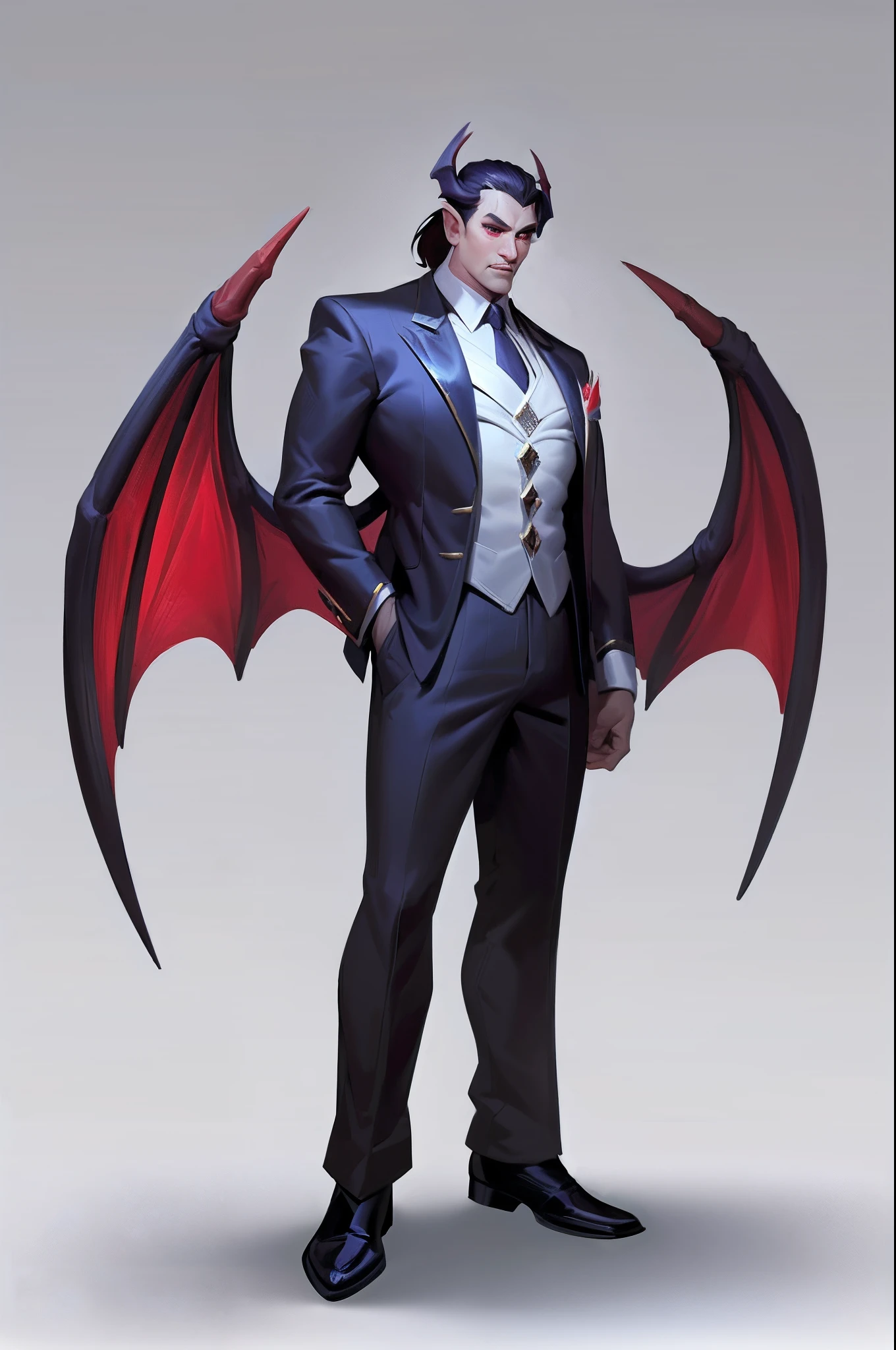 1boys 、Vampires、Loose suit、独奏，full bodyesbian，standing on your feet，Bat wings，European and American cartoon design，white backgrounid，Magical fantasy design，character concept design，tmasterpiece，best qualtiy，Best resolution，high definition detail