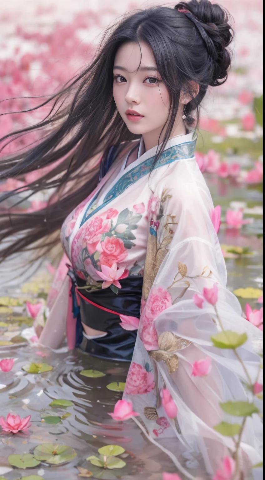 Classical Chinese beauty，Long flowing black hair，standing in a pond，Exposed in white tulle，crisp breasts ， fully body photo（Abstract gouache splash：1.2）， Pink petal background，Pink and white lotus flowers fly（realisticlying：1.4），Black color hair，Fallen leaves flutter，The background is pure， A high resolution， the detail， RAW photogr