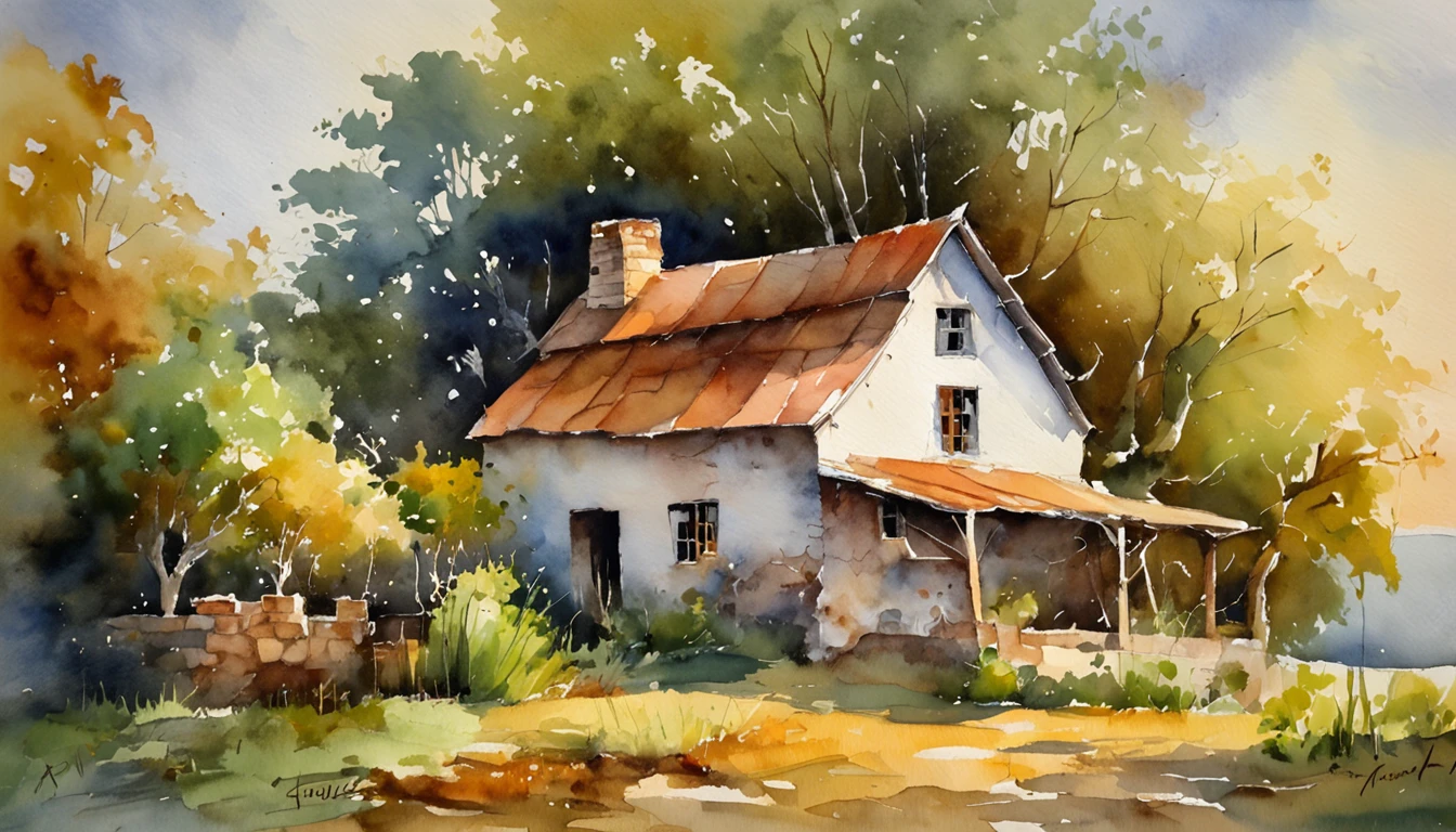 A farm house under the big tree beside the stream, Sunset, Oil painting, classic style, rich colors, brushstrokes, vibrant textures, expressive portraits, dynamic composition, capturing light and shadow, artistry, timeless beauty.