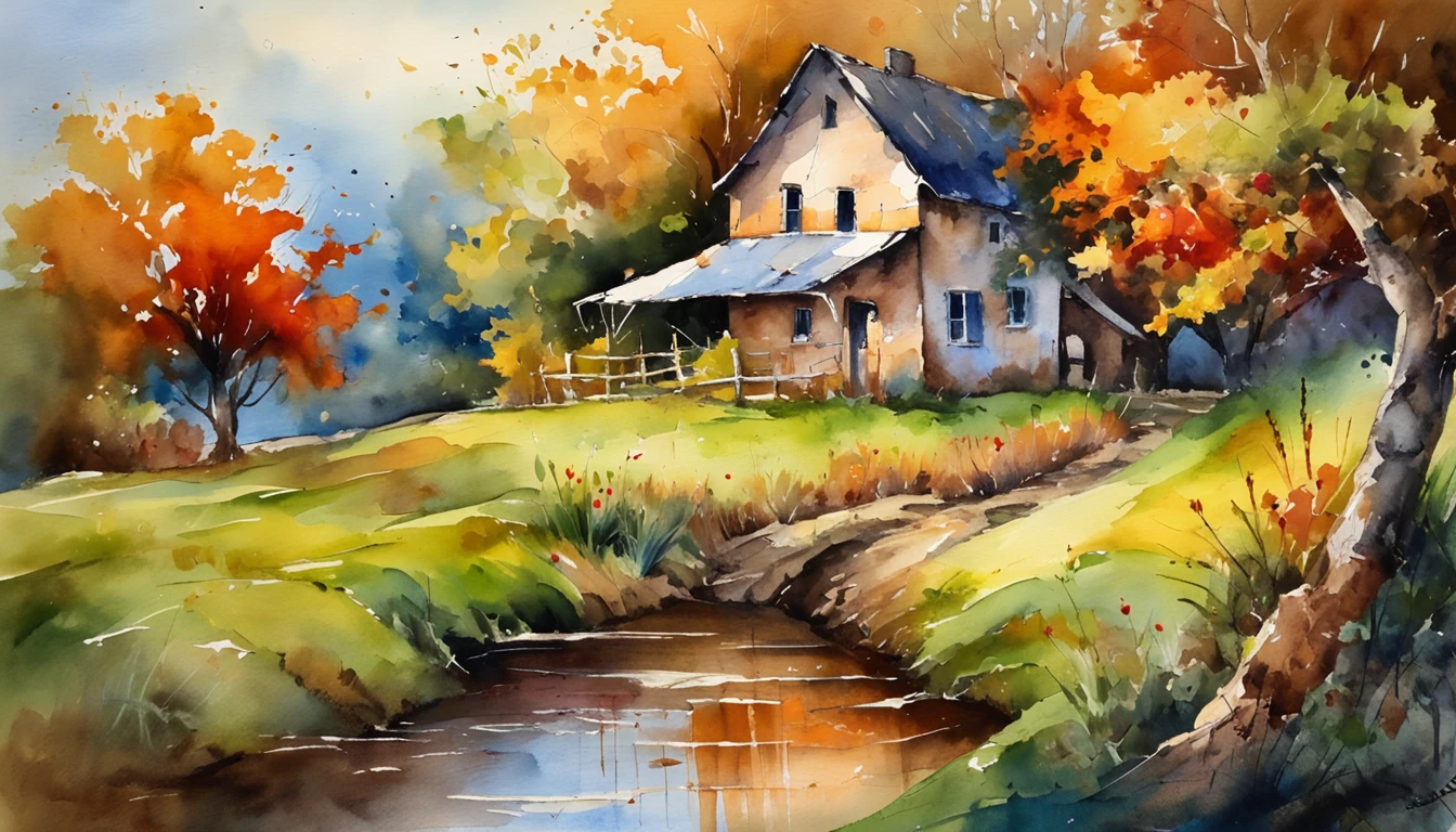 A farm house under the big tree beside the stream, Sunset, Oil painting, classic style, rich colors, brushstrokes, vibrant textures, expressive portraits, dynamic composition, capturing light and shadow, artistry, timeless beauty.