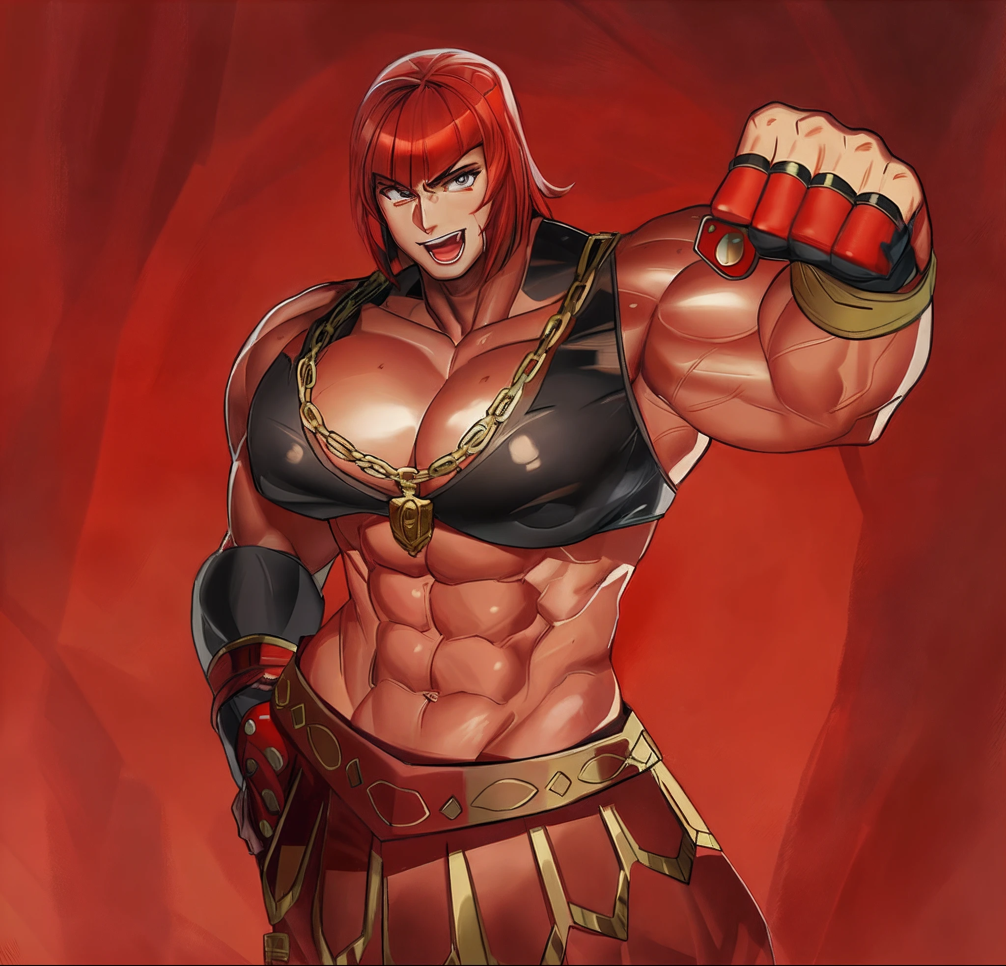 Close-up of a cartoon of a red-haired woman, Fujita Goro!, A very beautiful berserker woman, musculaire!!, Muscular warrior women, muscular character, muscular female druid, Personnage de King of Fighters, Personnage de jeu de combat, Muscular ultraviolent woman, musculaire!, Solide et imposant, Angry muscular army general, Une musculature