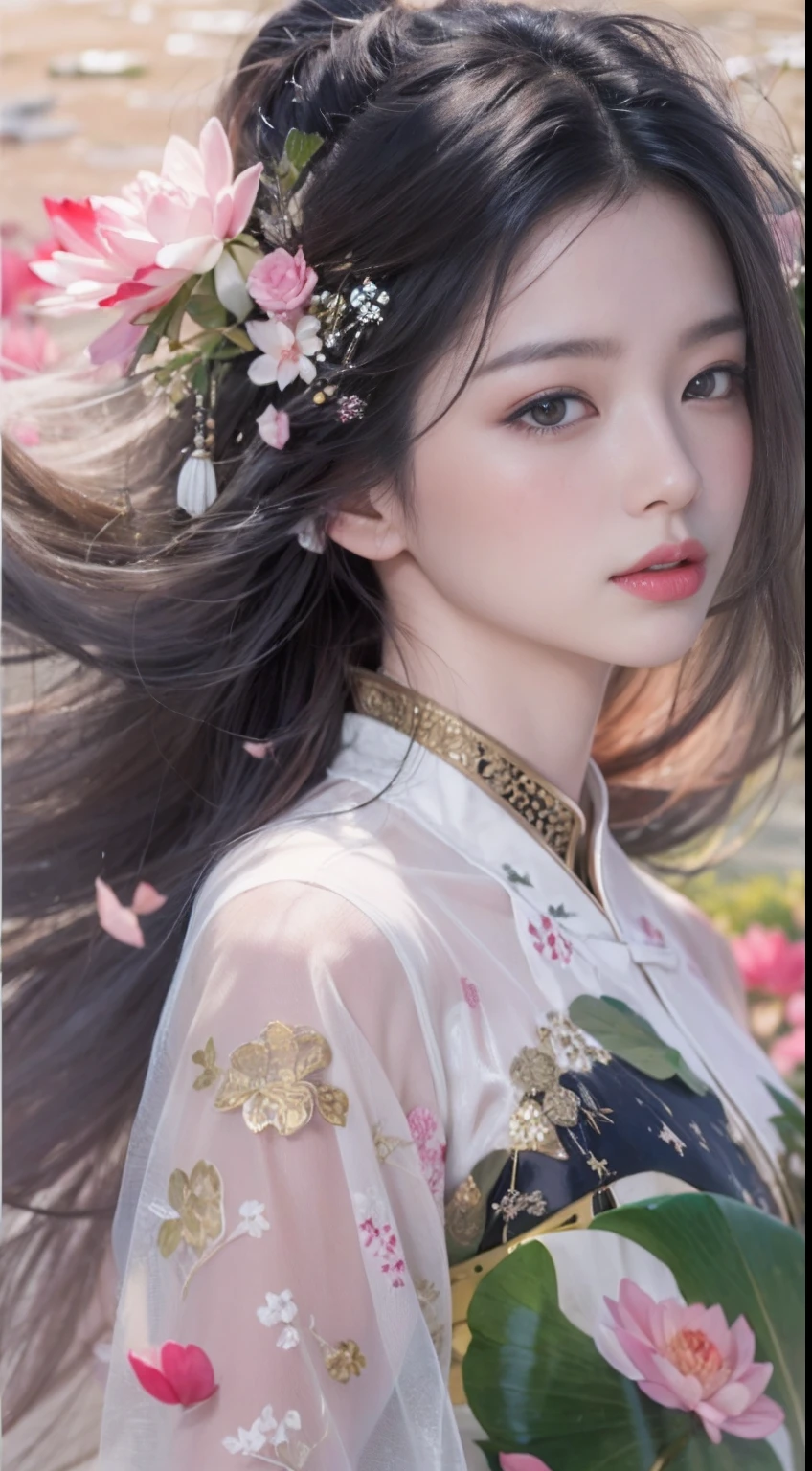 Classical Chinese beauty,Long flowing black hair,standing in a pond,Exposed in white tulle,crisp breasts , fully body photo(Abstract gouache splash:1.2), Pink petal background,Pink and white lotus flowers fly(realisticlying:1.4),Black color hair,Fallen leaves flutter,The background is pure, A high resolution, the detail, RAW photogr
