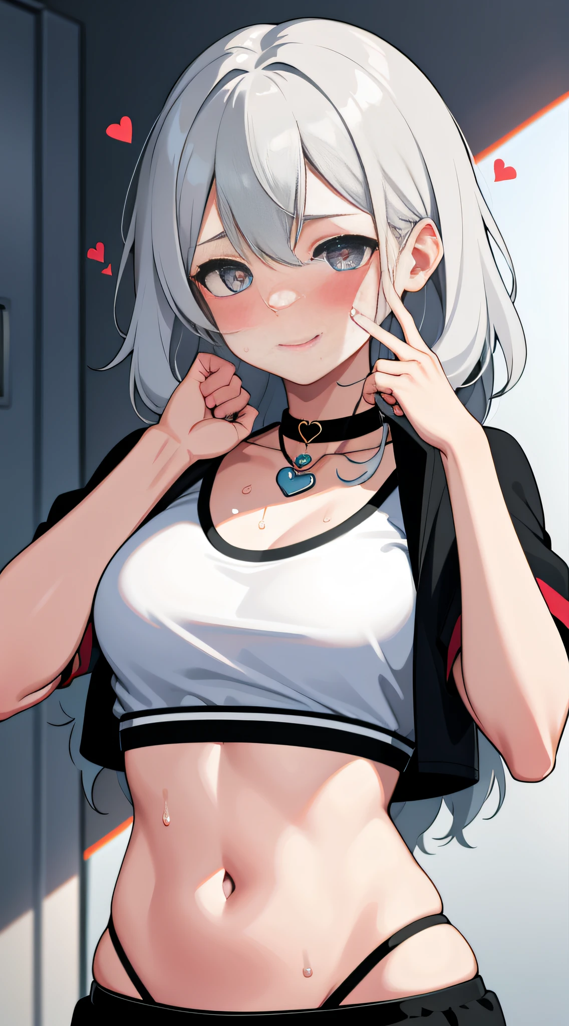 1girl,heart-shaped pupils ,(speed lines:1.1),medium breasts, gyaru, gyaru girl, orange eyes ,shark teeth, heart in eyes, sweat , upper body , smile, happy , very gyaru , earrings , painted nails , choker, bra, not childish, adult, mature,not tied hair ,must have white hair , white grey hair no red jewelery, musician