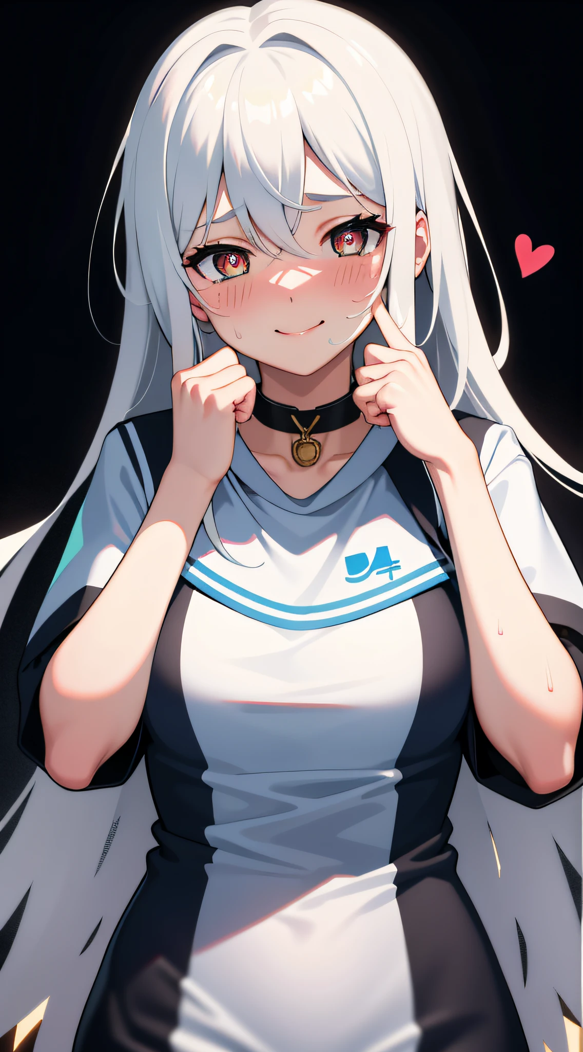8K high-definition,Highest image quality,Masterpiece quality,best qualtiy,4K mobile wallpaper,1girll,Heart-shaped pupils,finger nails,hand on own face,White hair,Golden eyes,Watery eyes,largeeyes,(Blush:1.1),choker necklace,Upper body,Trembling,Sweat,drops of sweat,Heart,(speed-line:1.1),Medium breasts, ((rough breath:1.3)), Love, cheerfulness, Smile,The picture is transparent and bright,
