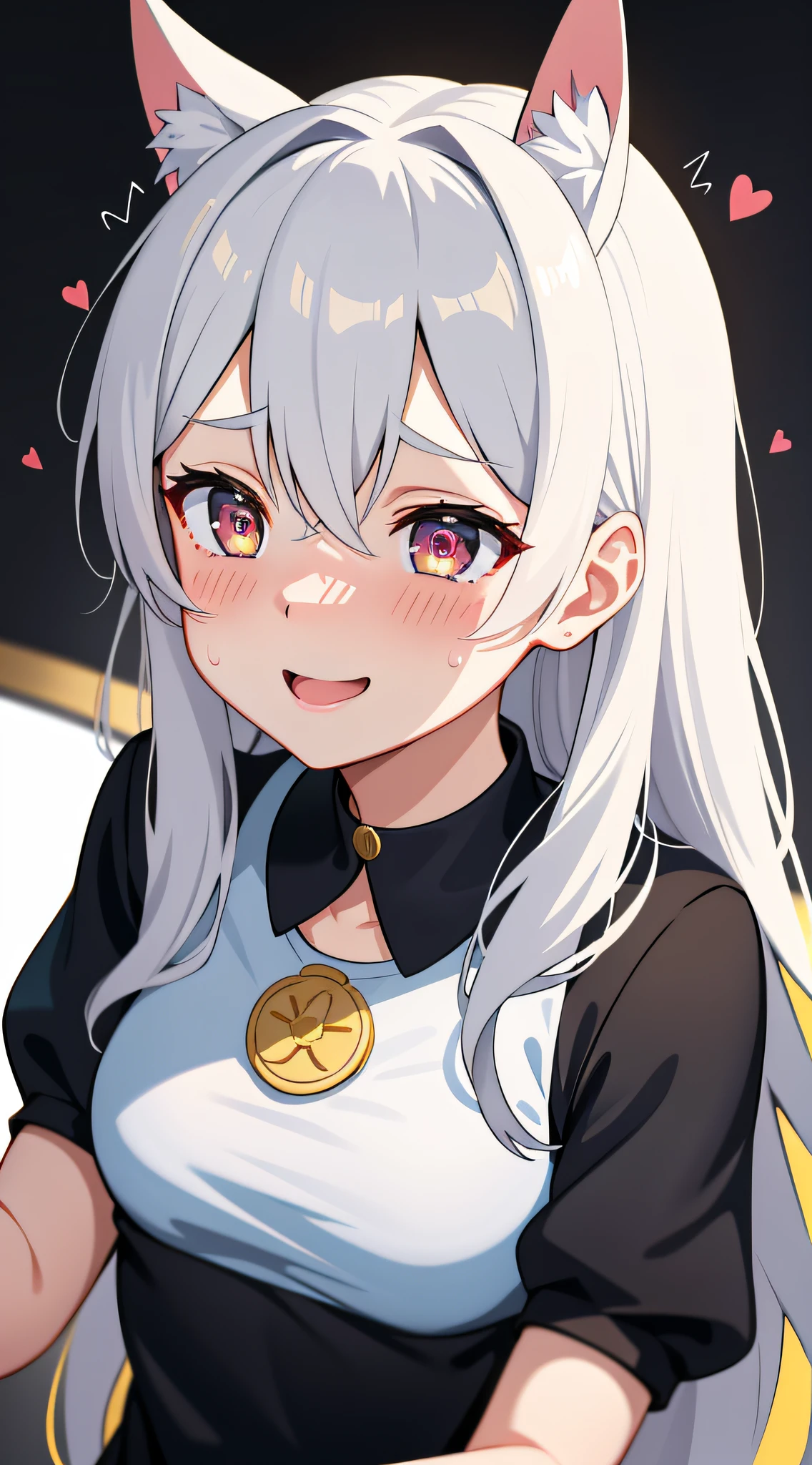 4k高清,Highest image quality,Masterpiece quality,best qualtiy,4K mobile wallpaper,A half body,head portrait,1girll,teens girl,Heart-shaped pupils,White hair,Golden eyes,Watery eyes,largeeyes,(Blush:1.1),choker necklace,Upper body,Trembling,Sweat,drops of sweat,Heart,(speed-line:1.1),Medium breasts, ((rough breath:1.3)), Love, cheerfulness, Smile,The picture is transparent and bright,