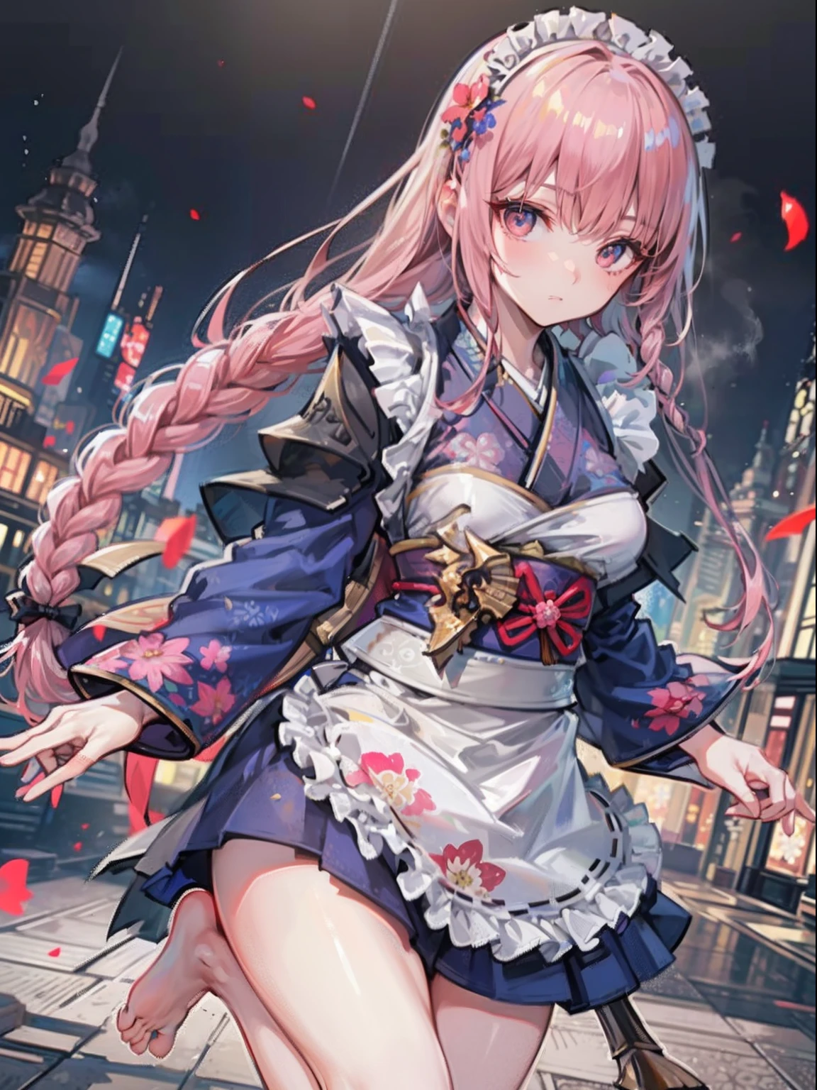 Best Quality, (Extremely detailed: 1.5), masutepiece, 超A high resolution,(photographrealistic:1.4), yandere, 1 Lady of Adort, Cowboy Shot, (Wear battle armor:1.6), (Floral Pattern Part Turn Pink Kimono:1.6), (maid:1.6), Pink Maid Micro Skirt, Pink hair, (Single braid:1.2), flipped hair, (Big eyes:1.1), (Raw feet:1.3), Wind, Dynamic Angle, Dynamic Pose