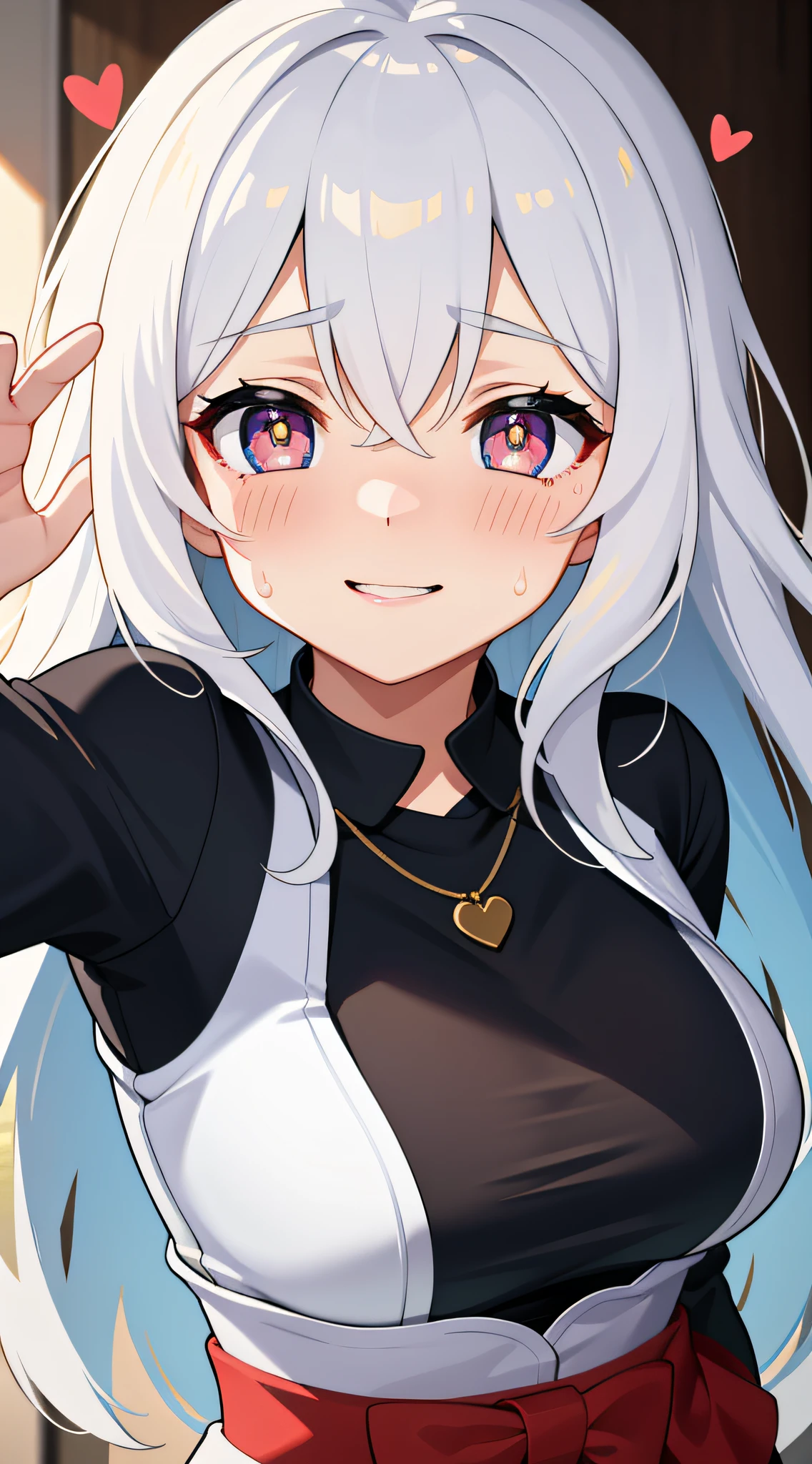 1girl,heart-shaped pupils,fingernails,hands on breasts,white hair,ponytail,green eyes,(blush:1.1),choker,upper body,,sweat,sweatdrop,heart,(speed lines:1.1),medium breasts, love, heart, crop top, happy, smile, anime girl, boob window, holding breasts, pouting, embarrassed , sweater