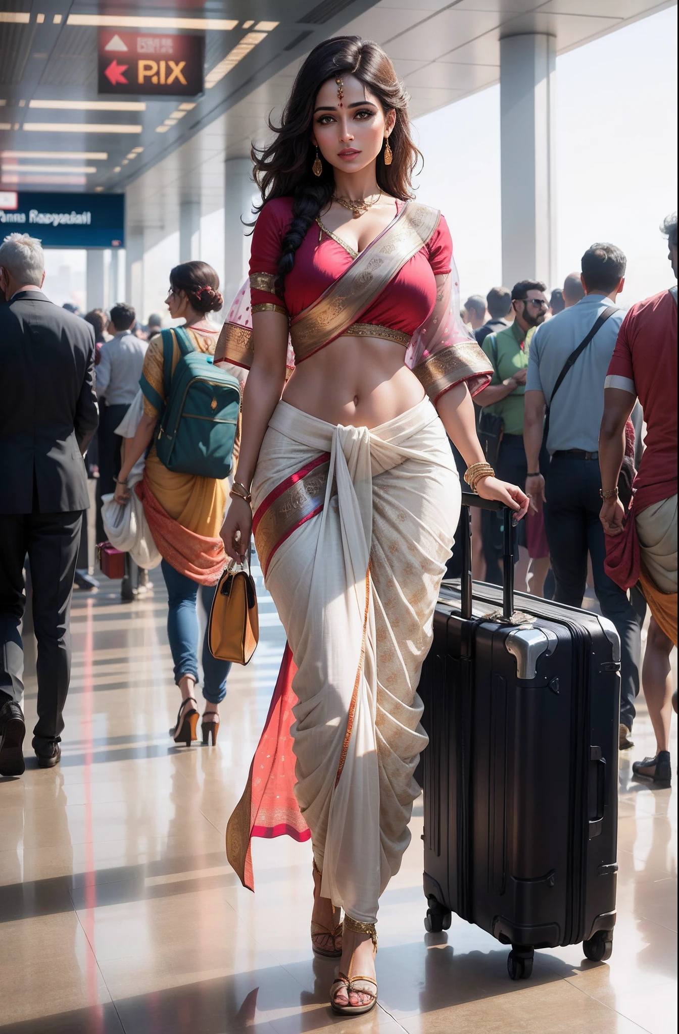 (masterpiece:1.2), (best quality), (ultra detailed), (8k, 4k, intricate), (highly detailed:1.2),(detailed face:1.2), (detailed background),crowded subway, (dynamic pose:1.2),mouni roy , messy hair, breasts, looking at viewer, large breasts, holding, brown eyes, very long hair, sheer sari, ,in high heels