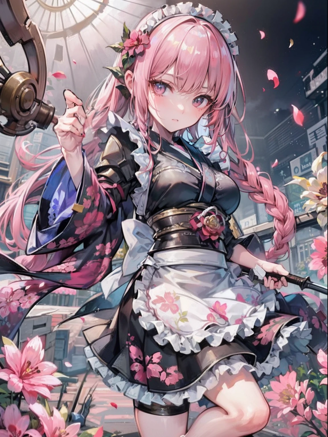 Best Quality, (Extremely detailed: 1.5), masutepiece, 超A high resolution,(photographrealistic:1.4), yandere,　1 Lady of Adort, Cowboy Shot, (Wear battle armor:1.6), (Floral Pattern Part Turn Pink Kimono:1.6), (maid:1.6), Pink Maid Micro Skirt, Pink hair, (Single braid:1.2), flipped hair, (Big eyes:1.1), (Raw feet:1.3), Wind, Dynamic Angle, Dynamic Pose