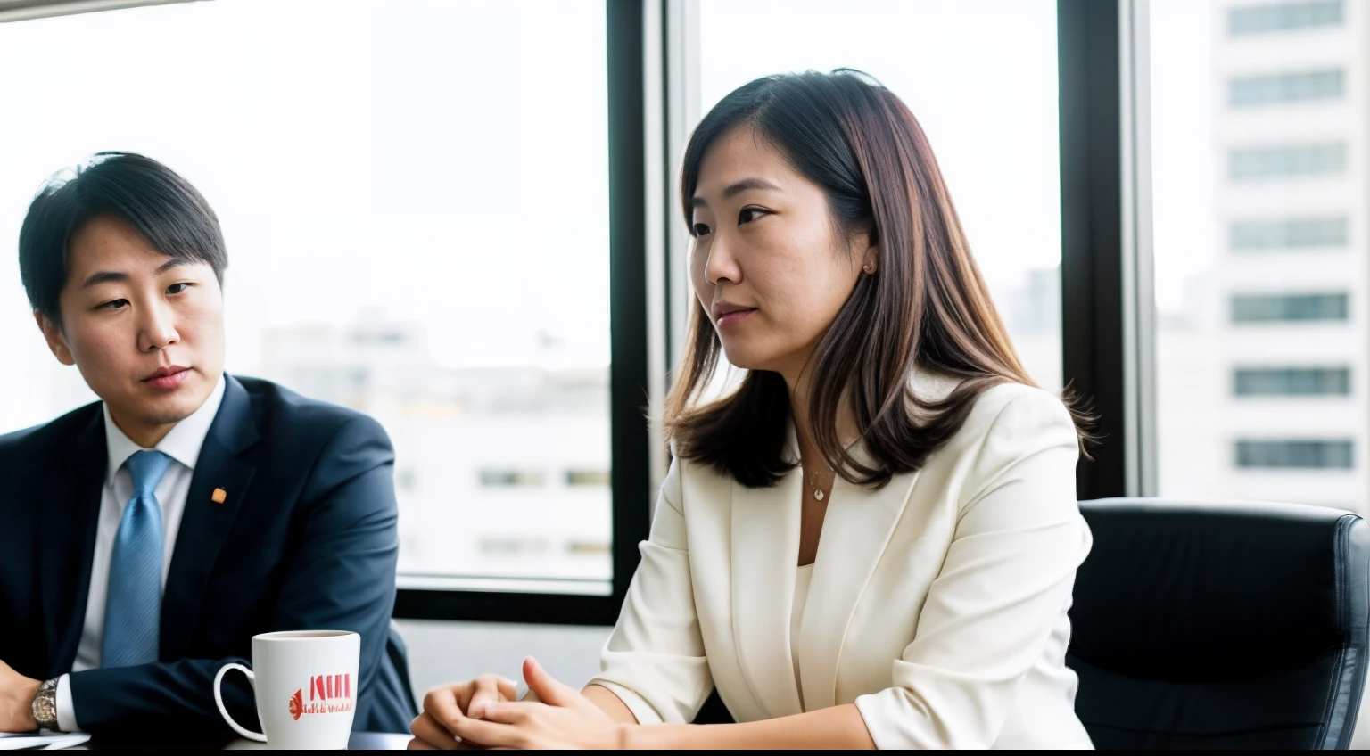 instagram photo, A dynamic shot of a Japanese businesswoman engaged in conversation during a corporate meeting, focused, expressive, Canon EOS 80D with 18-135mm f/3.5-5.6 lens, ambient office light, candid photography.