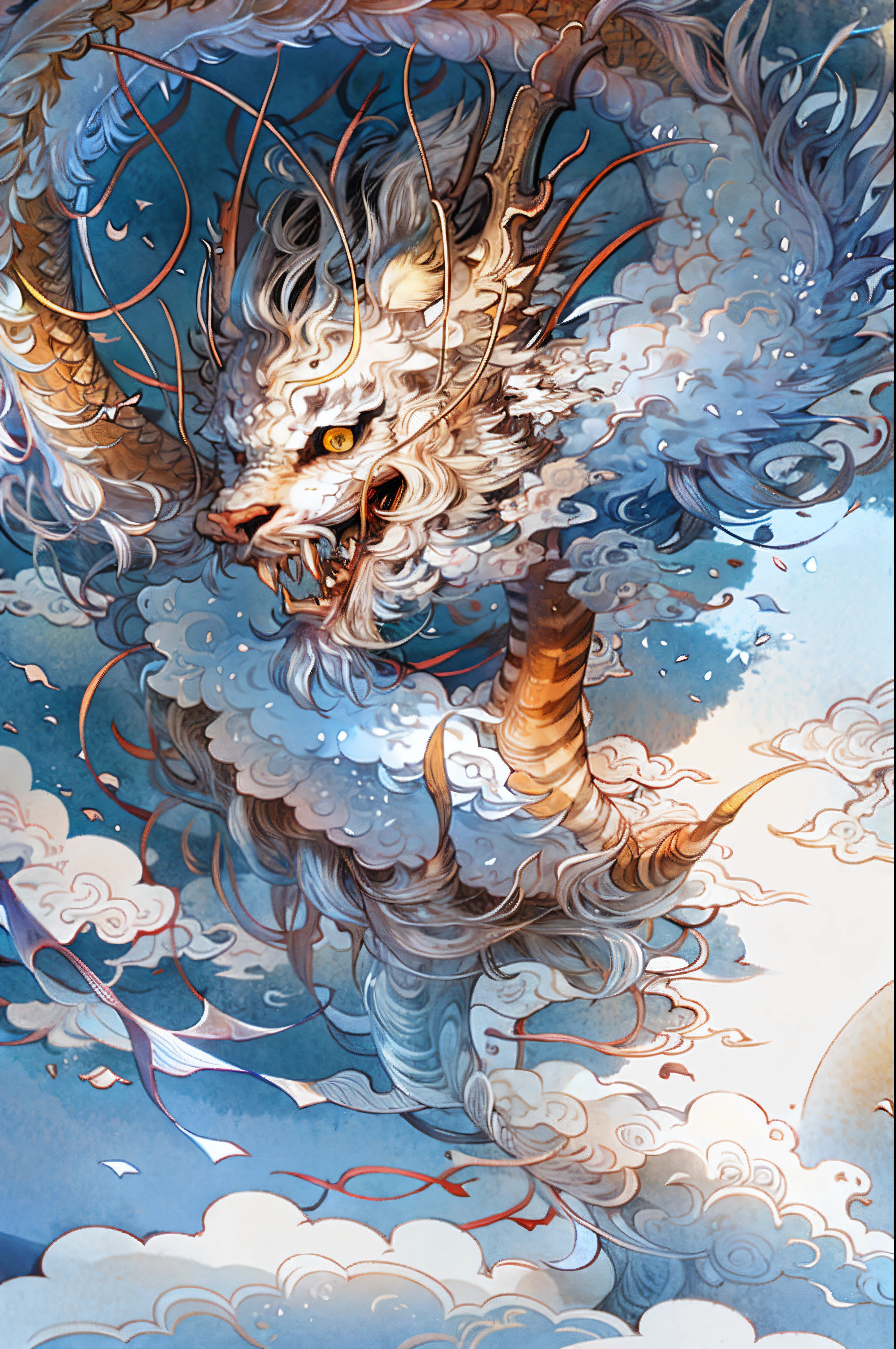 Draw a giant white tiger,Domineering,Clear tiger claws,clouds,Sideburns,ultra-clear,The eye,teeth,Vivid image