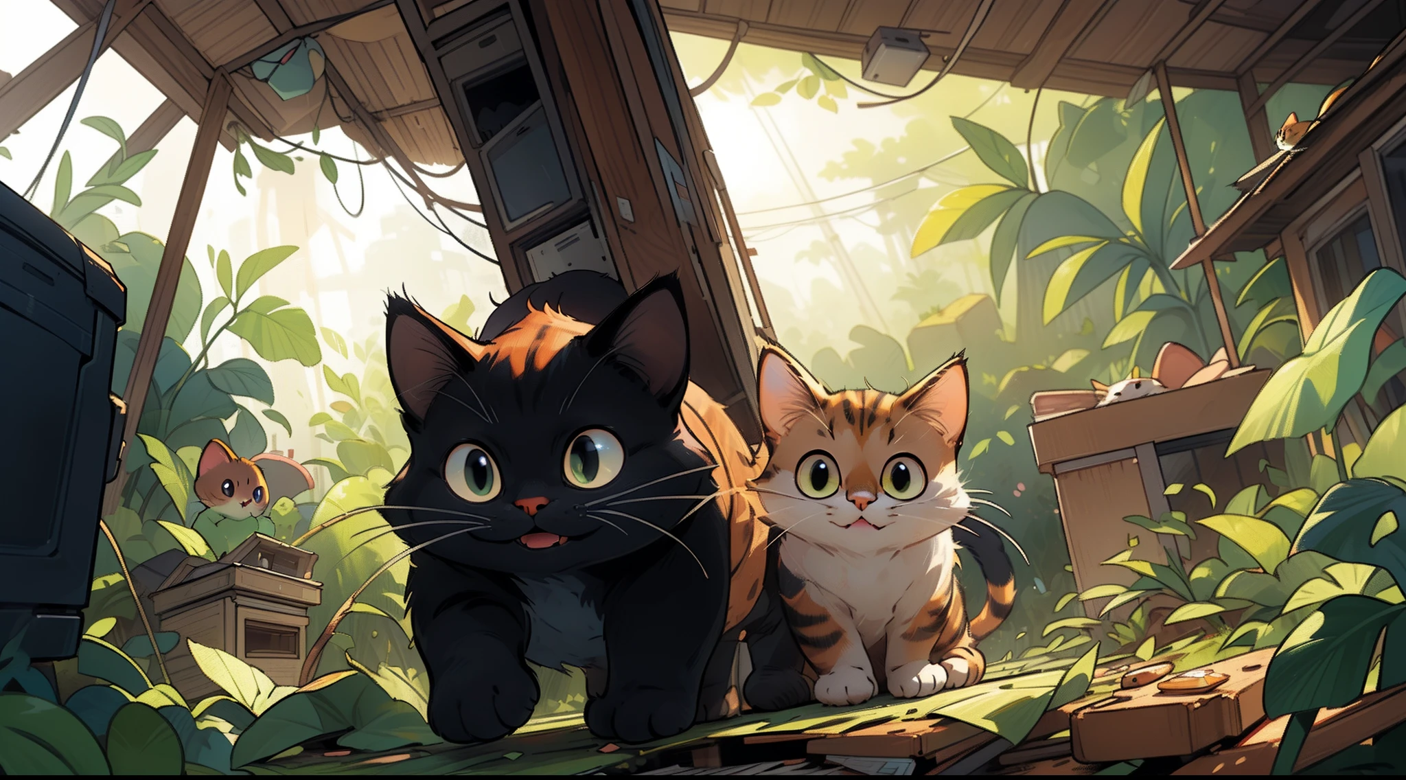 A cat is living in an abandoned house in the middle of the jungle, dia ensolarado, Volumetric lights, dynamic compositing, detalhes intrincados, high definiton, extremely high-resolution, estilo anime
