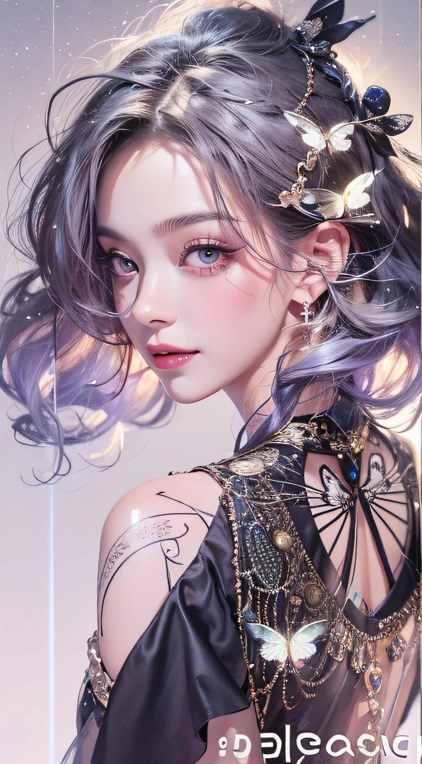 1girll,(enchanced quality:1.4),(Top quality true texture skin), Delicate face,Black hair, Gradient hair, Petite body,(perfect bodies:1.1), There are precious stones on the forehead, rimless eyewears, Sparkling pupils,long eyelasher,grin, hyper photorealism, Cinematic lighting, projected inset, surrealism, hyper HD, Masterpiece, 16k,Lie down,dream on,Wear transparent silk pajamas,Carmelto,Legs slightly open,Tattooed with,Fantasy space,Luxurious space