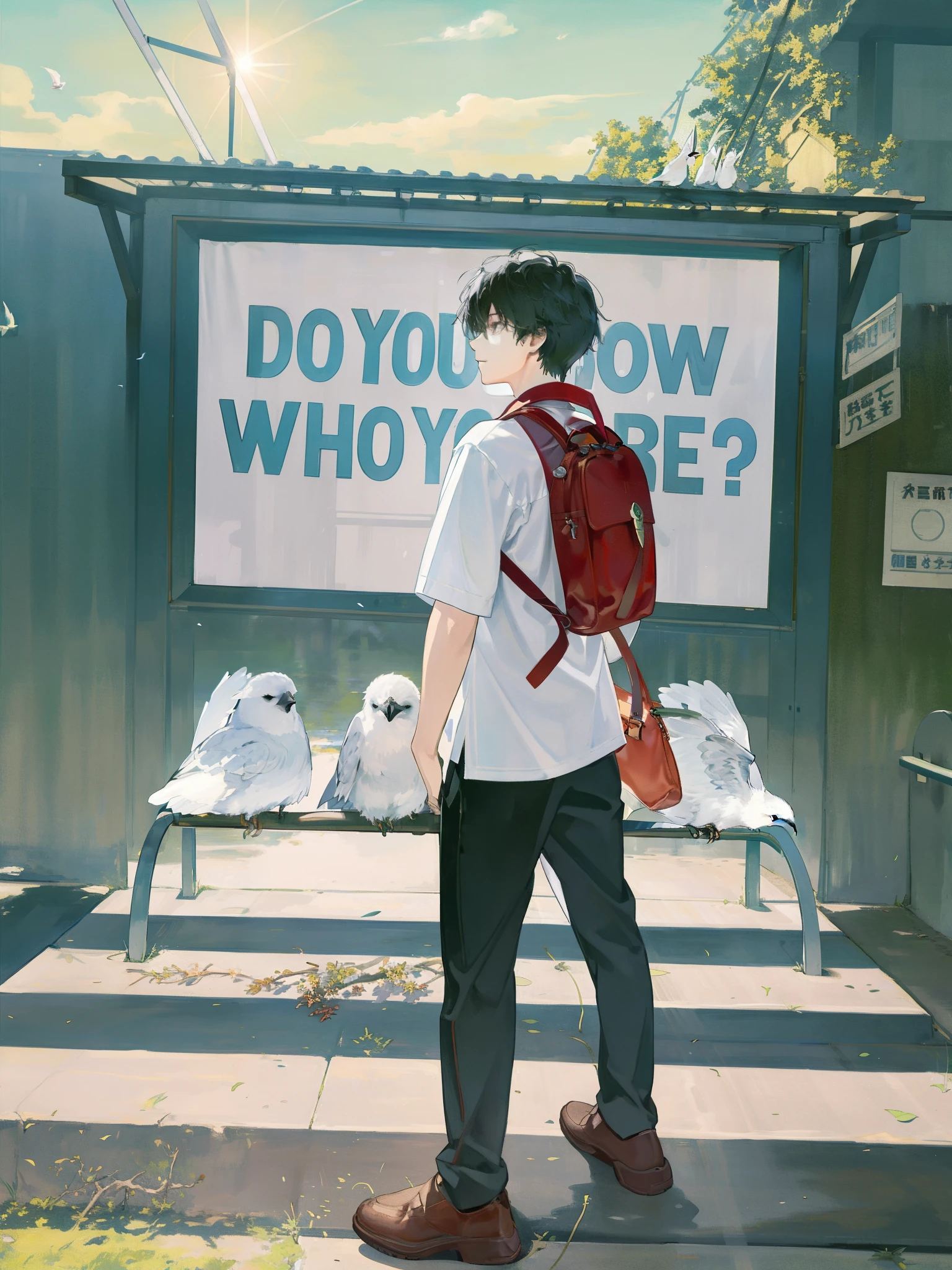 masterpiece, best quality, 1boy, male focus, handsome, residential area, fence, spindle trees, afternoon sun, the way home from school, school uniform, backpack, flock of birds, from directly side, depth of field