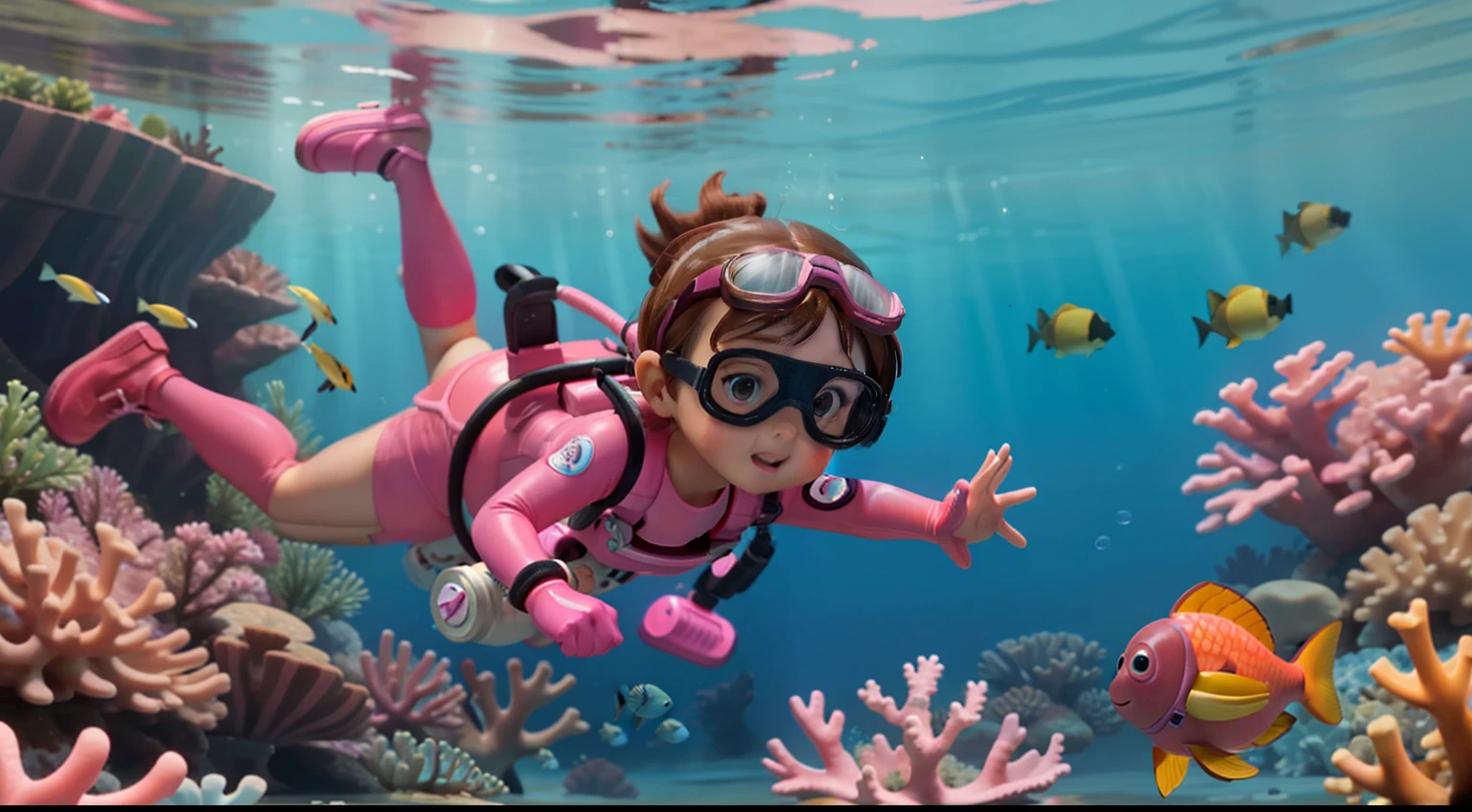 "High quality, masterpiece, 5--old l, brown hair, pink diving suit, diving goggles, pink diving gloves, pink diving shoes, swimming towards the camera, underwater, coral reef, fish."