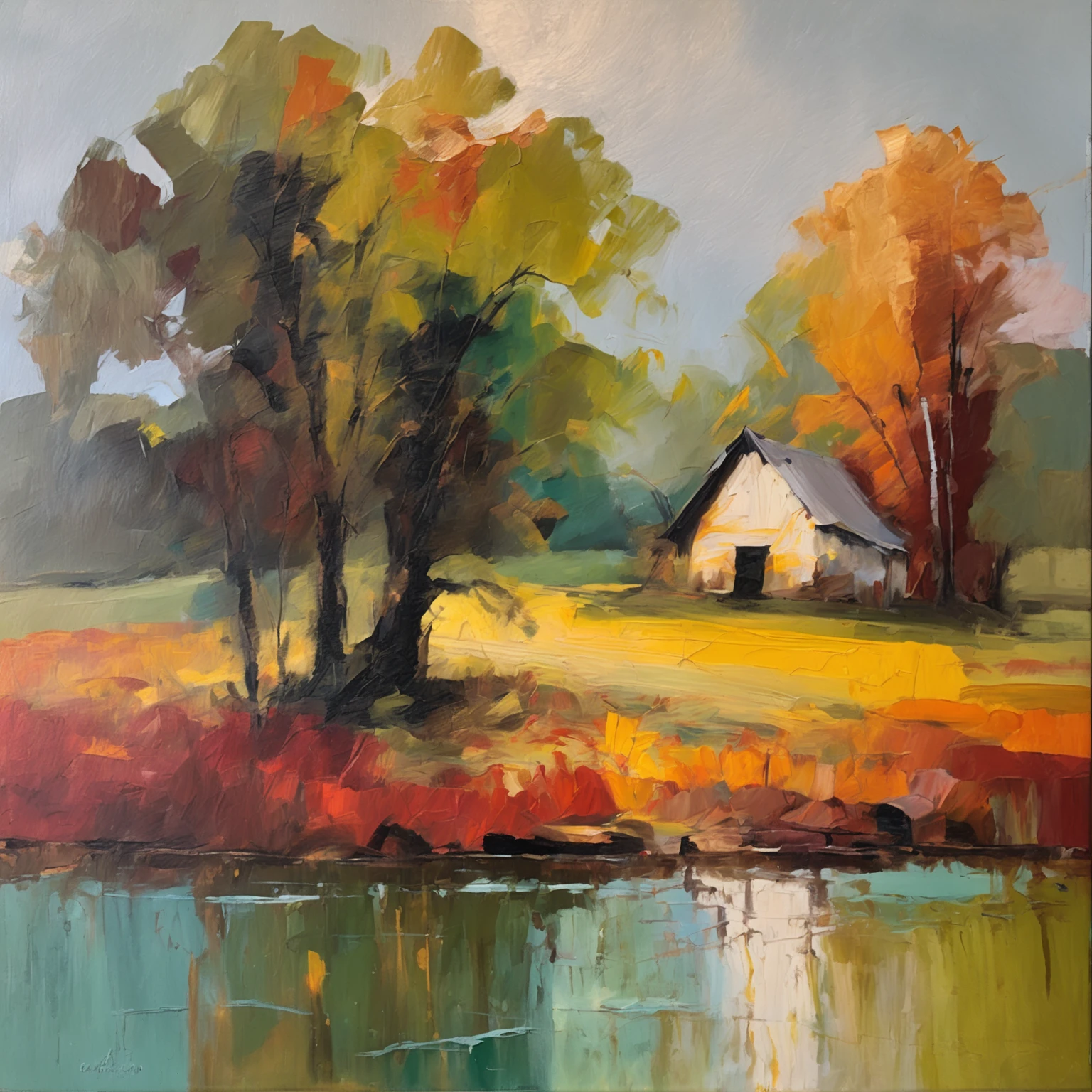 A farm house under the big tree beside the stream, Sunset,  Oil painting, classic style, rich colors, brushstrokes, vibrant textures, expressive portraits, dynamic composition, capturing light and shadow, artistry, timeless beauty.