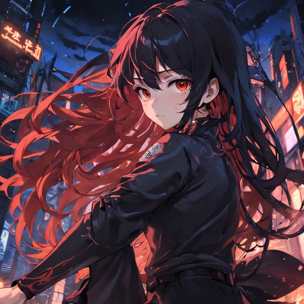 Anime girl with long red hair in a black dress - SeaArt AI