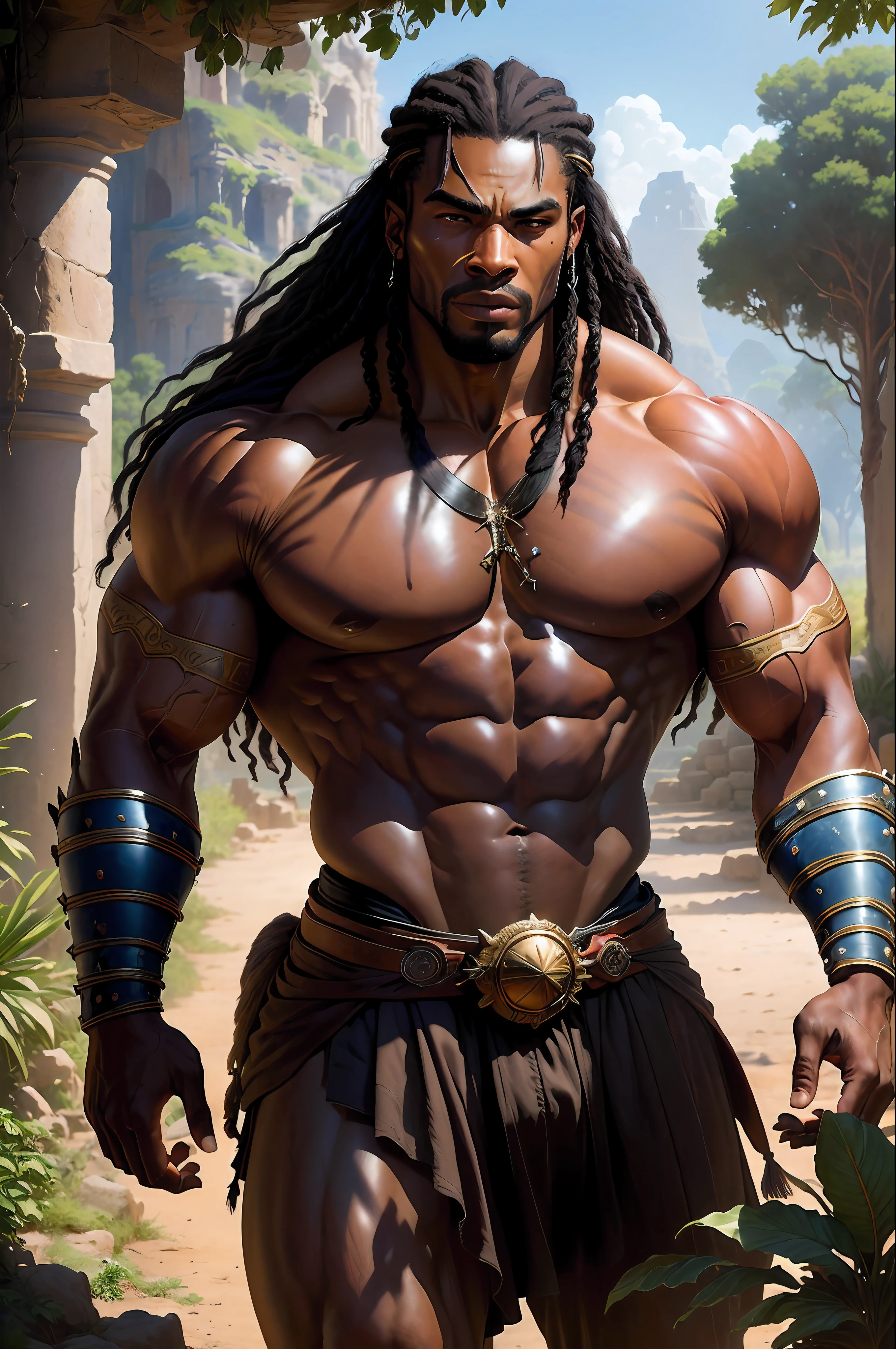 ((best quality)), ((masterpiece)), (detailed), African black man, Conan the Barbarian, is imposing in an ancient lost city. Perfect chiselled body, insanely beautiful and masculine face. Sunlight highlights your muscles and scars. The scenery is lush and mysterious, with ruins and vegetation. The camera details everything.