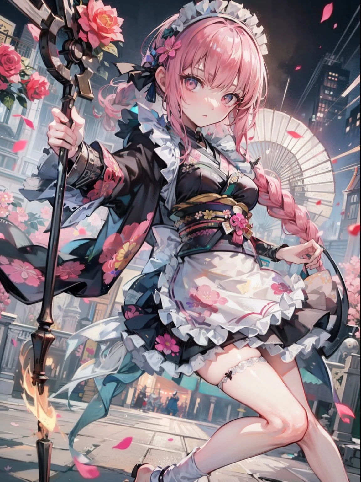Best Quality, (Extremely detailed: 1.5), masutepiece, 超A high resolution,(photographrealistic:1.4), yandere,　1 Lady of Adort, Cowboy Shot, (Wear battle armor:1.6), (Floral Pattern Part Turn Pink Kimono:1.6), (maid:1.6), Pink Maid Micro Skirt, Pink hair, (Single braid:1.2), flipped hair, (Big eyes:1.1), (Raw feet:1.3), Wind, Dynamic Angle, Dynamic Pose