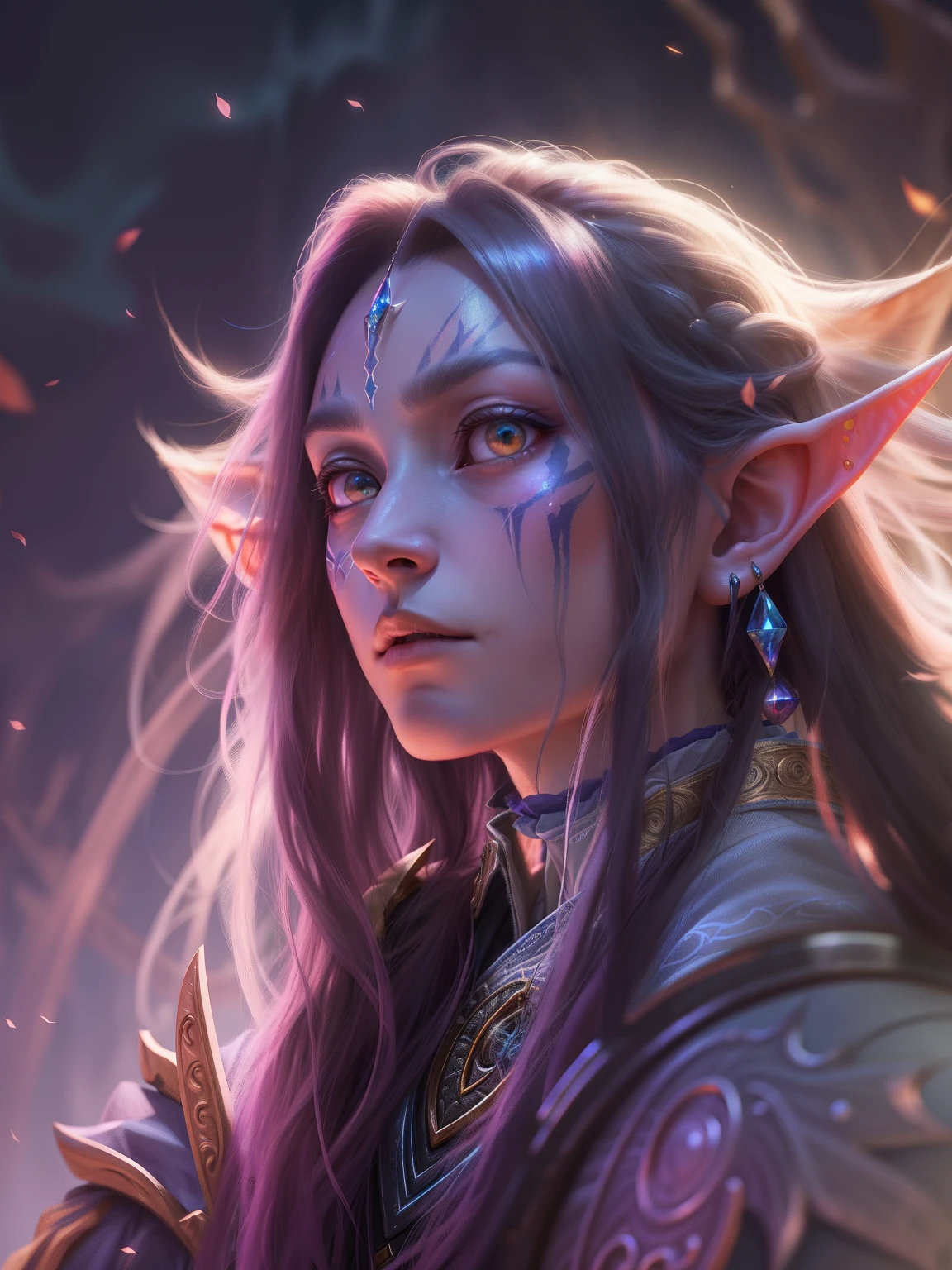 Kizi, Long hair, Shiny hair, facepaint, forehead jewel, Gradient eyes, long and pointed ears, Cinematic lighting, filmgrain, lines of movement, first person perspective, Eye level shots, Sony FE GM, Masterpiece, hyper HD, Super detail, Textured skin, Textured skin, High details, Award-Awarded, A high resolution, Best quality, 8K Breath of Mori