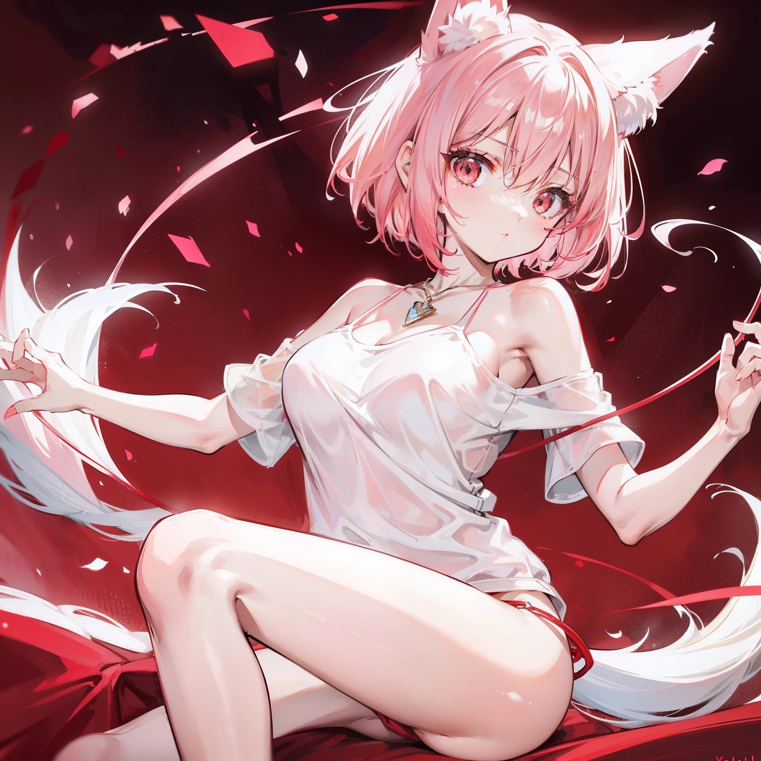 Short hair with light red color，The  are super full，The figure looks petite，Smooth and delicate long legs，Wearing a cream white T-shirt，A silver necklace is worn around his neck，It has pink fox ears，and cute pink and white fox tail，It's a super beautiful girl