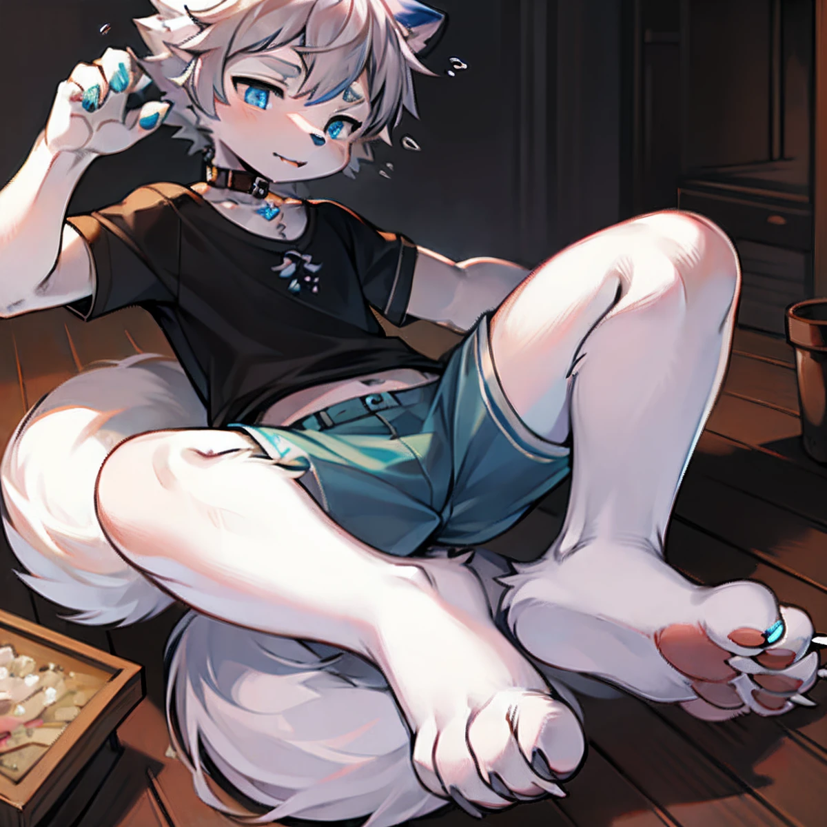 （tmasterpiece：1.2），（anatomy correct：1.1），（high qulity：1.5），（（（solo male anthropomorphic））1 Little Wolf，White fur，Dark blue eyes，（Celestial nose），White claws，White feet，canine hands，（Details dog feet：1.2），4 Toes，Detail beans，（（1 Little Wolf）），[digitial painting\（artwork of a）：：：0.8]，4 Toes，（lines of movement：1.1），Single fluffy tail，[aquarelle（artwork of a）：0.6]，collars，komono，greyt hair，short detailed hair，tee shirt，grey shorts