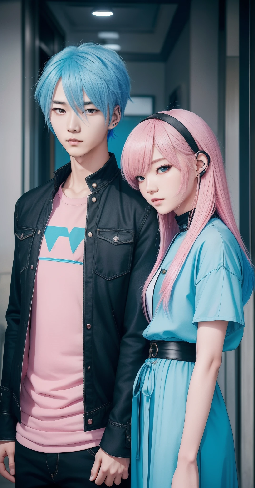 ((Male and female couples)), Idol Photos, Magazine covers, Photos of actors, Professional Photos, Height difference, tall male, Happiness, youthfulness, extra detailed face, detailed punk hair, very detailed character, inspired by Sim Sa-jeong, Cai Xukun's, detailed realistic faces, highly detailed realistic face, high detailed face anime, realistic detailed face, Accurate detailed face, attractive androgynous humanoid, Cool Korean fashion in black, ((Man with light blue hair)), ((Woman with pink hair)), ((Woman with long hair below waist)), ((Man with short hair over ears)), ((Pink hair woman with gentle expression)), ((Man with light blue hair with wild expression)), high-level image quality, masterpiece, Photographed so that the whole body can be seen, Photographed to make clothes look beautiful, Take your eyes off, ((two individuals)), ((British couple))