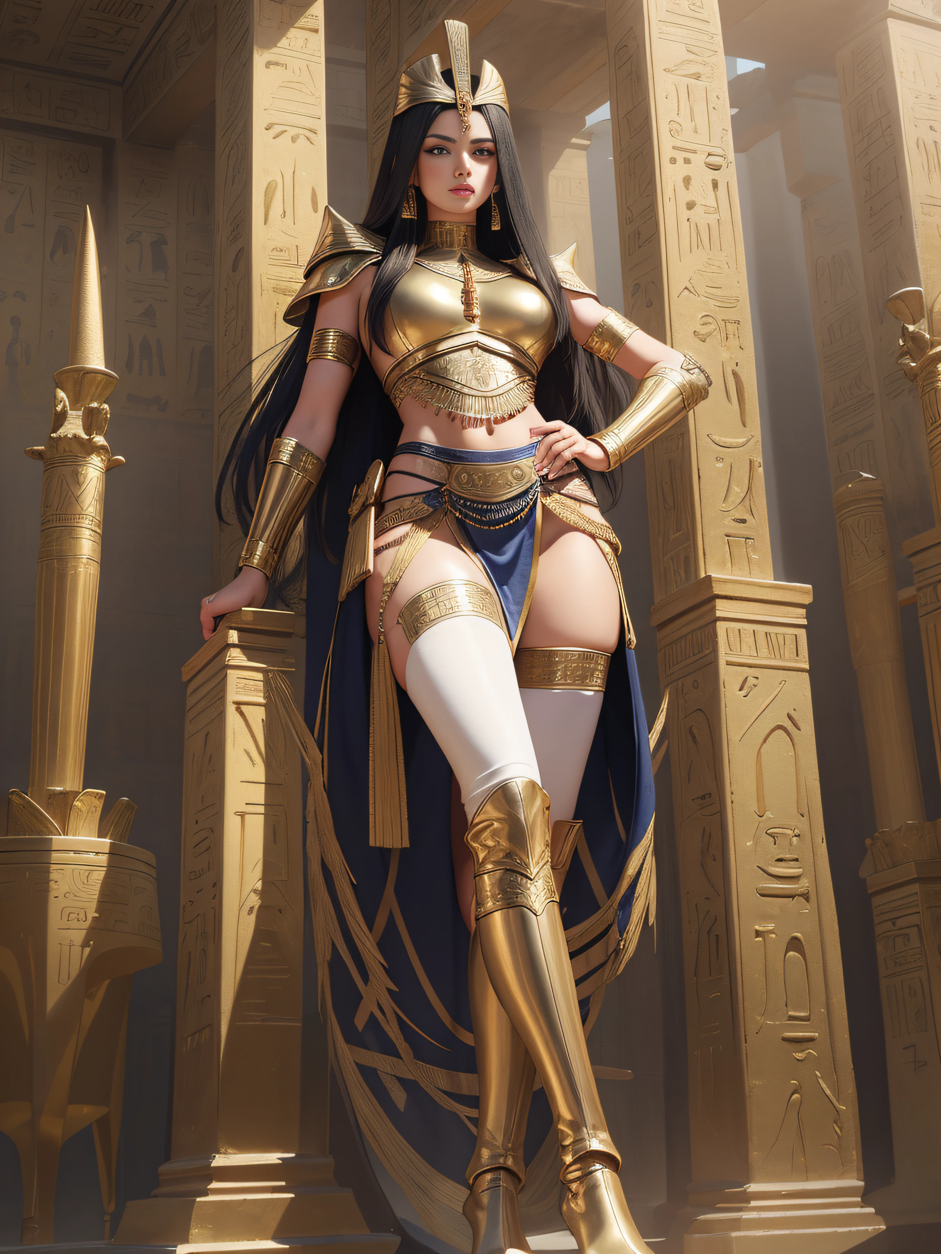 tmasterpiece，High-definition CG diagram，Beautiful female warrior，egyption，Detailed eyes and face，Tall figure，egyptian warrior，Egyptian armor，Extra-long leather boots，Over-the-knee leather boots，Knee-length stockings exposed，Exquisite decoration，General temperament，Tall figure，Wide buttock，Thick legs，A majestic sight，pyramid、A desert
