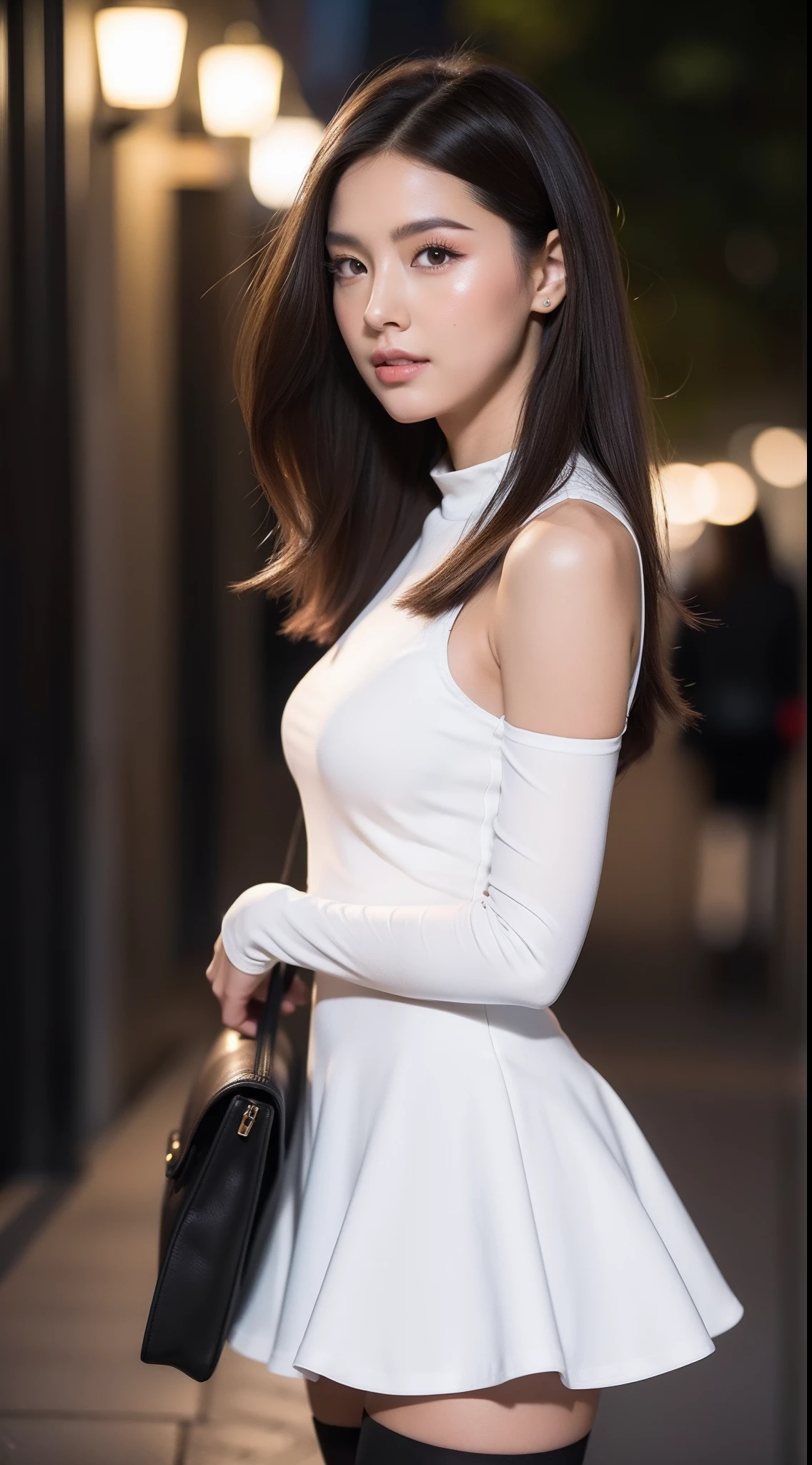 ((Realistic lighting, Best quality, 8K, Masterpiece: 1.3)), Clear focus: 1.2, 1girl, Perfect body beauty: 1.4, Slim abs: 1.1, ((dark brown hair)), (White dress: 1.4), (Outdoor, night: 1.1), City Street, Super Fine Face, Fine Eyes, Double Eyelids, (Over the knee black stockings: 1.5)