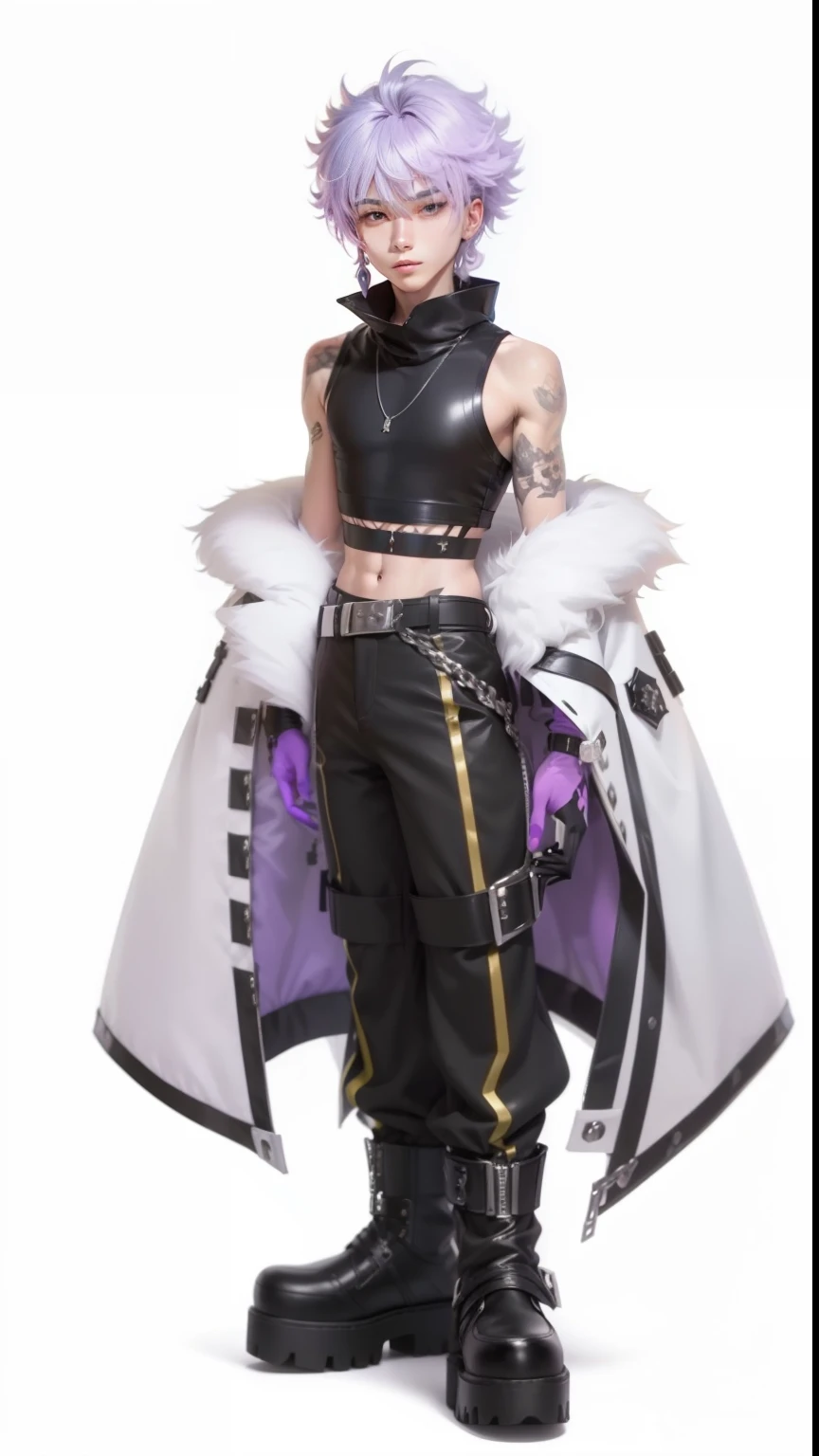 arafed non - binary model male, androgynous, androgynous femboy, beautiful androgynous femboy, androgyny, androgynous person, delicate androgynous prince, non binary model, beautiful androgynous prince, zac retz, lil peep, zero g pretty anime male with lilac hair and grey eyes, big fluffy hair, wolfcut hair, fluffy hair with thick bangs over eyes, deep navel, wearing black designer coat with studs, crop top and black pants with belt, fashionable, uzzlang male, techwear, purple and yellow accents, y2k, fashionable, uzzlang male, attractive pretty male, male anime, cool platform boots, full body, normal crop top, long sleeves, kpop boyband face, ethreal beauty, fur on coat, cute pose, smiling, shy