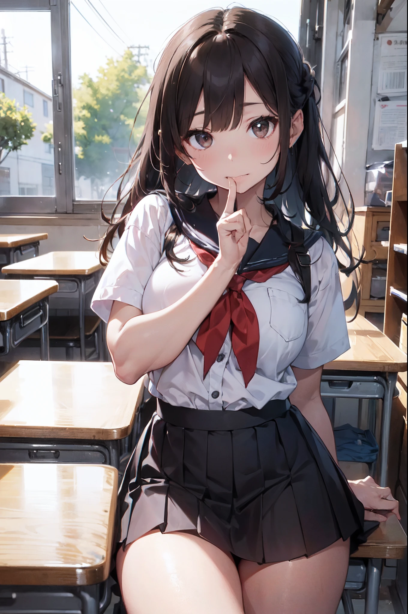 (highest quality、In 8K、32k、masterpiece、nffsw、超A high resolution、Impressionism、Photoreal:1.2)、Huge 、cowboy shot, detailed face and eyes、 inside the classroom、School、sunset、beautiful face、blurred background、16 year old beautiful girl、shiny skin、half up hair、beautiful brown hair、dull bangs、brown eyes、(closed one eye、put your index finger to your mouth:1.2)、sailor suit、pleated mini skirt、curve、(Skirt up、I can see your pants:1.2)、thighs thighs thighs、(Navel exposed:0.4)、dynamic pose