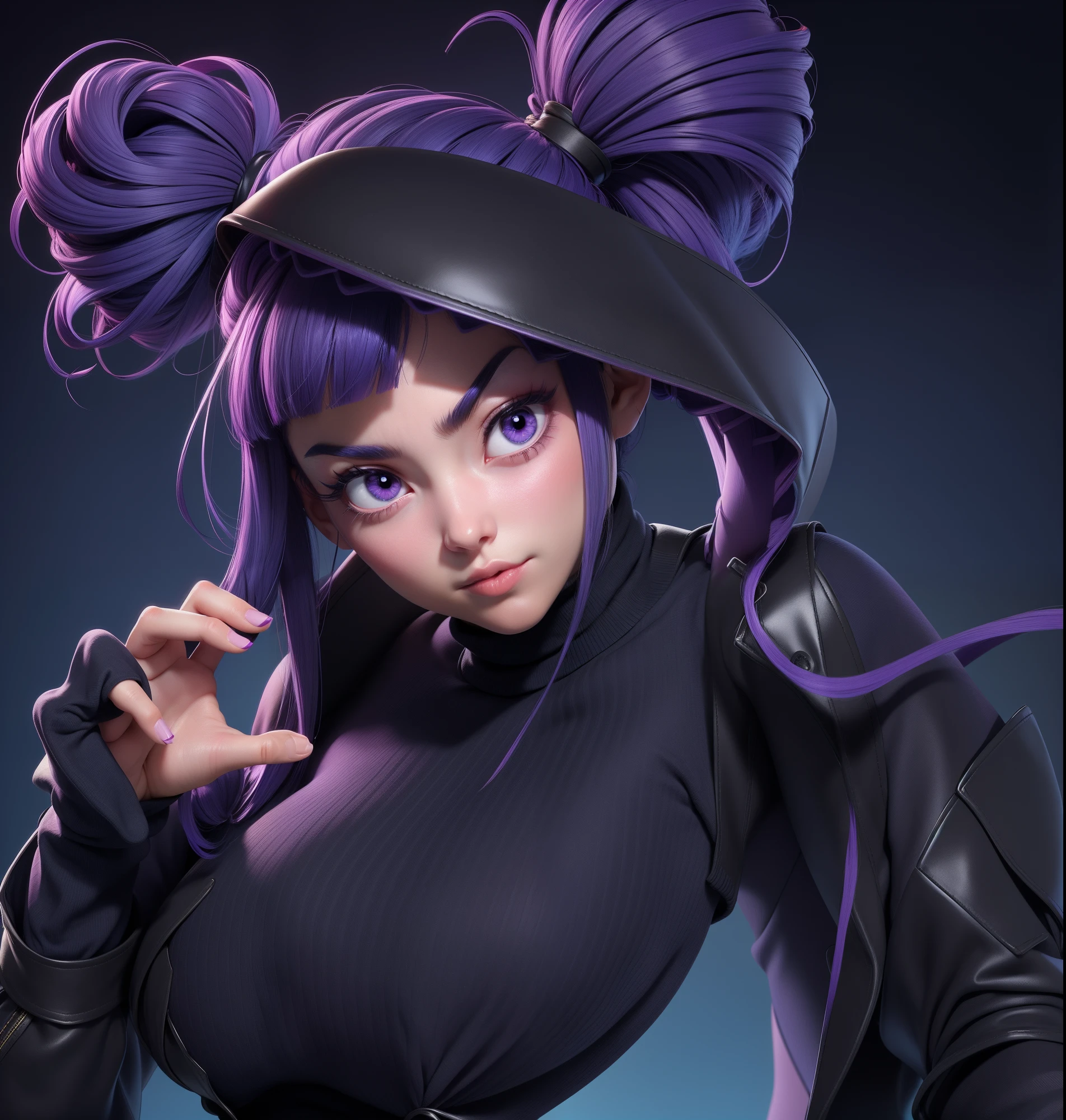1fille, Juri Han de Street Fighter, Big Boobs, big breadt, gigantic breadt, abs, solo, cheveux longs, crop top noir, regardant le spectateur, fond bleu, black hair and purple locks , fond simple, two side up, turtleneck, yeux bleus, minora, mouth closed, ruban, Hair tape, frange, turtleneck sweater, haut du corps, separated bangs, ruban noir, ribbed sweater, twintails, nez,