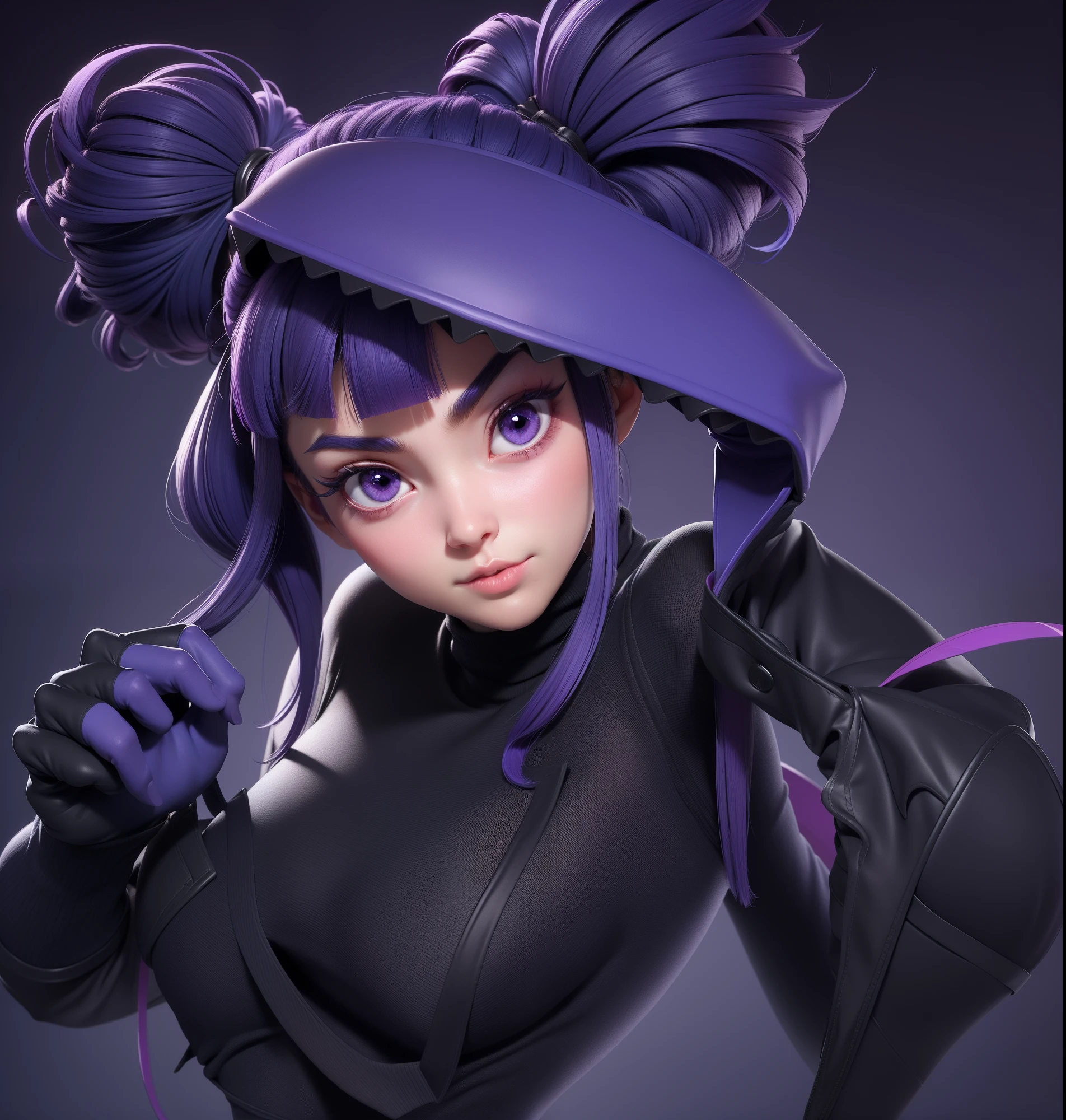 1fille, Juri Han de Street Fighter, Big Boobs, big breadt, gigantic breadt, abs, solo, cheveux longs, crop top noir, regardant le spectateur, fond bleu, black hair and purple locks , fond simple, two side up, turtleneck, yeux bleus, minora, mouth closed, ruban, Hair tape, frange, turtleneck sweater, haut du corps, separated bangs, ruban noir, ribbed sweater, twintails, nez,