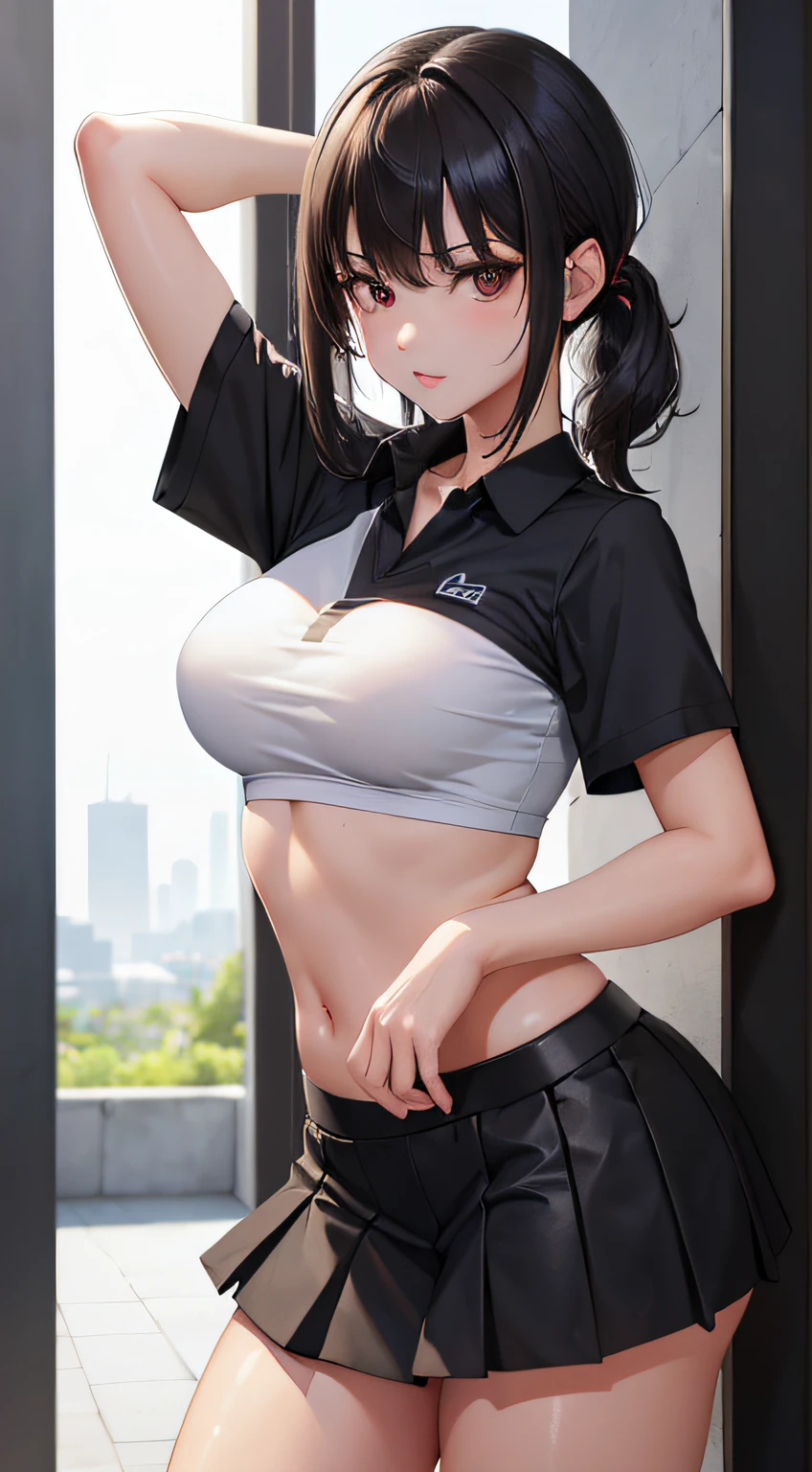 1girll, 独奏, Black polo shirt, White sneakers, tennis wear, blackminiskirt, tmasterpiece, Best quality at best, realisticlying, ultra - detailed, (shiny skins, perspired:1.4), absurderes, looking at viewert, with short black hair, with brown eye,slenderness,Dynamic light and shadow,A high resolution,Sharp focus,depth of fields,The eyes are delicate,Sharp pupils,pupil realistic,(middlebreast:1.6),(Thigh thick:1.0)，Expression satisfaction