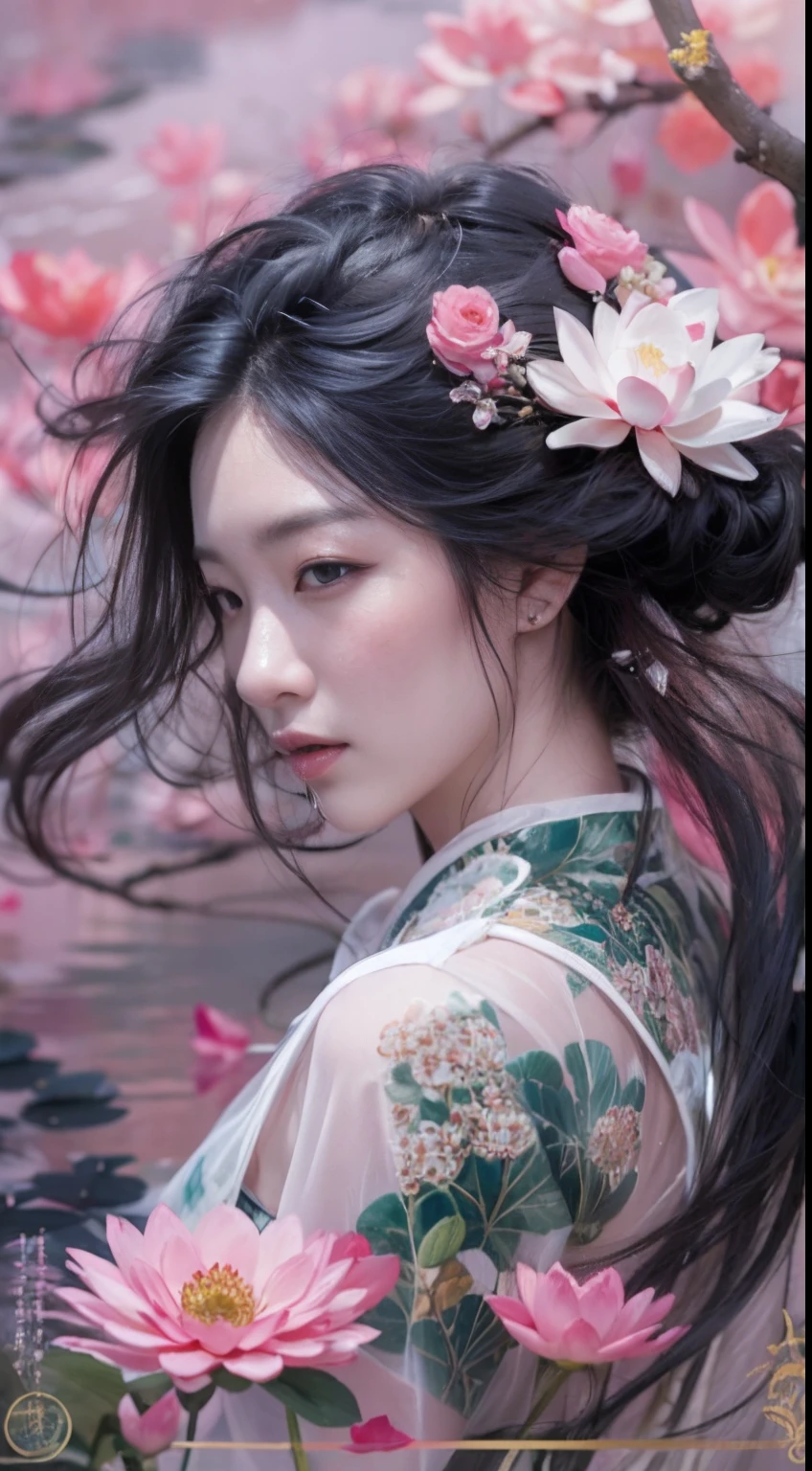 Classical Chinese beauty，Long flowing black hair，standing in a pond，Exposed in white tulle，crisp breasts ， fully body photo（Abstract gouache splash：1.2）， Pink petal background，Pink and white lotus flowers fly（realisticlying：1.4），Black color hair，Fallen leaves flutter，The background is pure， A high resolution， the detail， RAW photogr