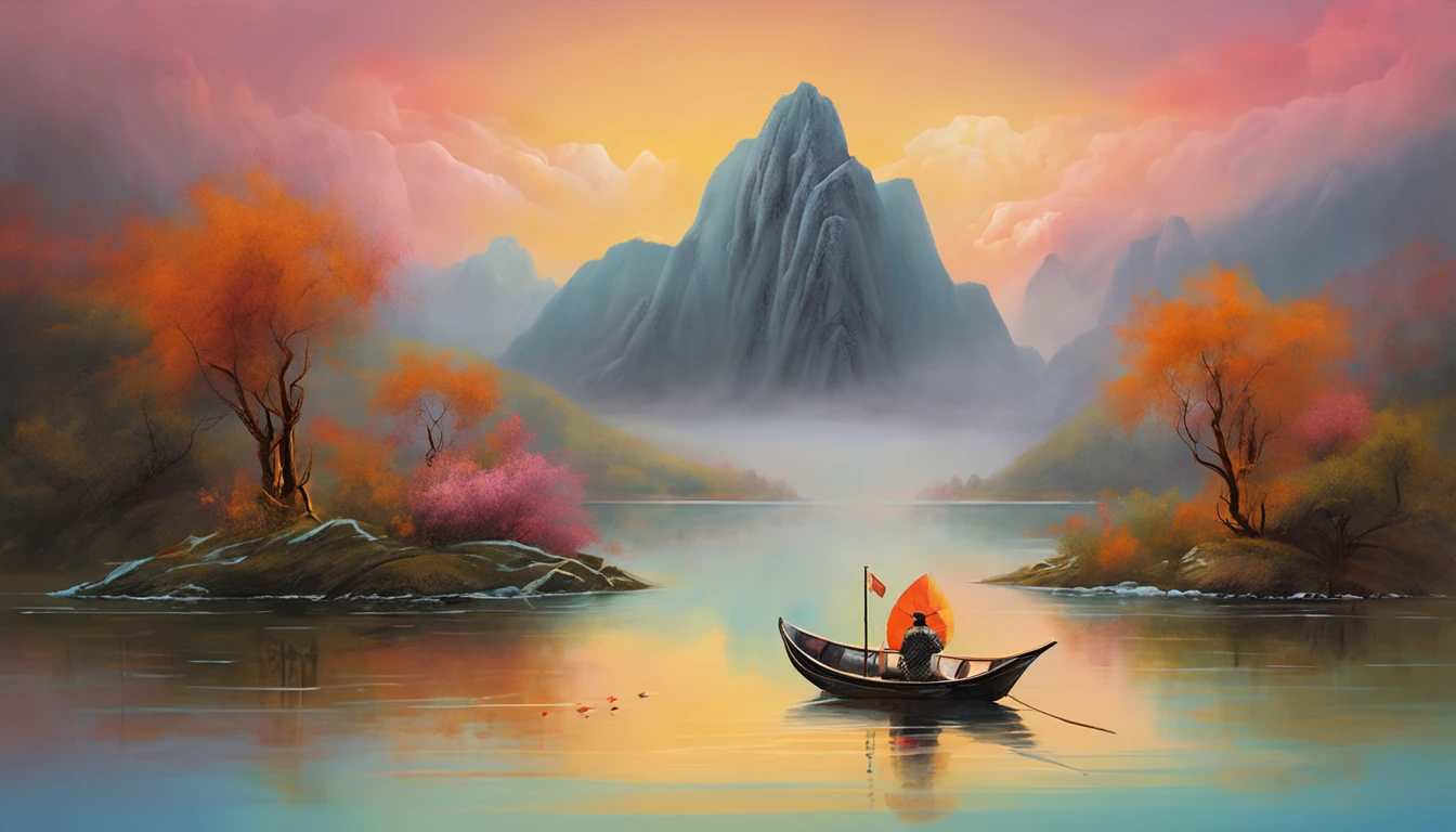 painting of a mountain landscape with a lake and a boat, illustration matte painting, by Li Tiefu, artwork in the style of z.w. gu, chinese surrealism, chinese landscape, inspired by Kanō Naizen, chinese style painting, symmetric matte painting, detailed scenery —width 672, japonisme 3 d 8 k ultra detailed