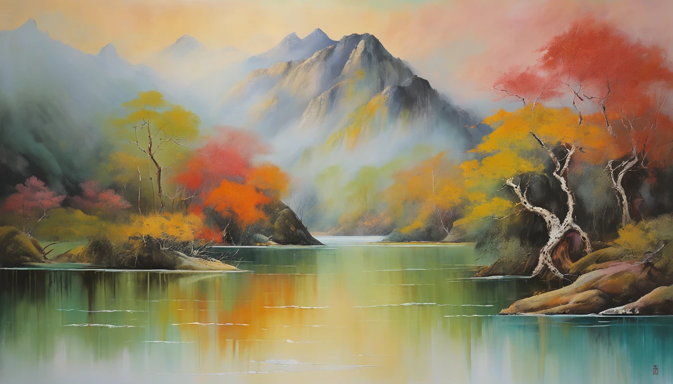 painting of a mountain landscape with a lake and a boat, illustration matte painting, by Li Tiefu, artwork in the style of z.w. gu, chinese surrealism, chinese landscape, inspired by Kanō Naizen, chinese style painting, symmetric matte painting, detailed scenery —width 672, japonisme 3 d 8 k ultra detailed