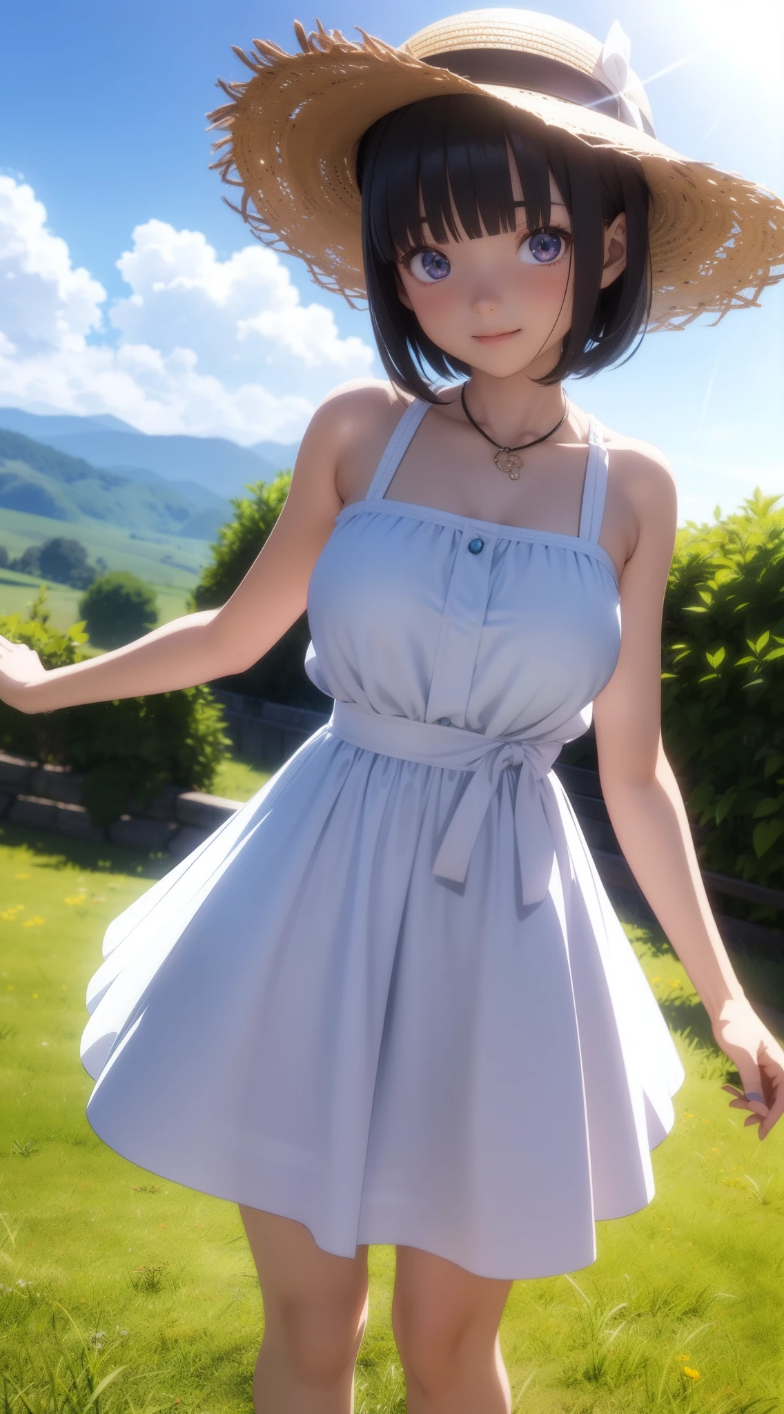 1人の女性、((3d anime))、kawaii、18year old、Lustrous hair、Bob Hair、Random Poses、Refreshing grasslands、Bright sun、Bright sunshine、Wearing a white dress、Wearing a straw hat