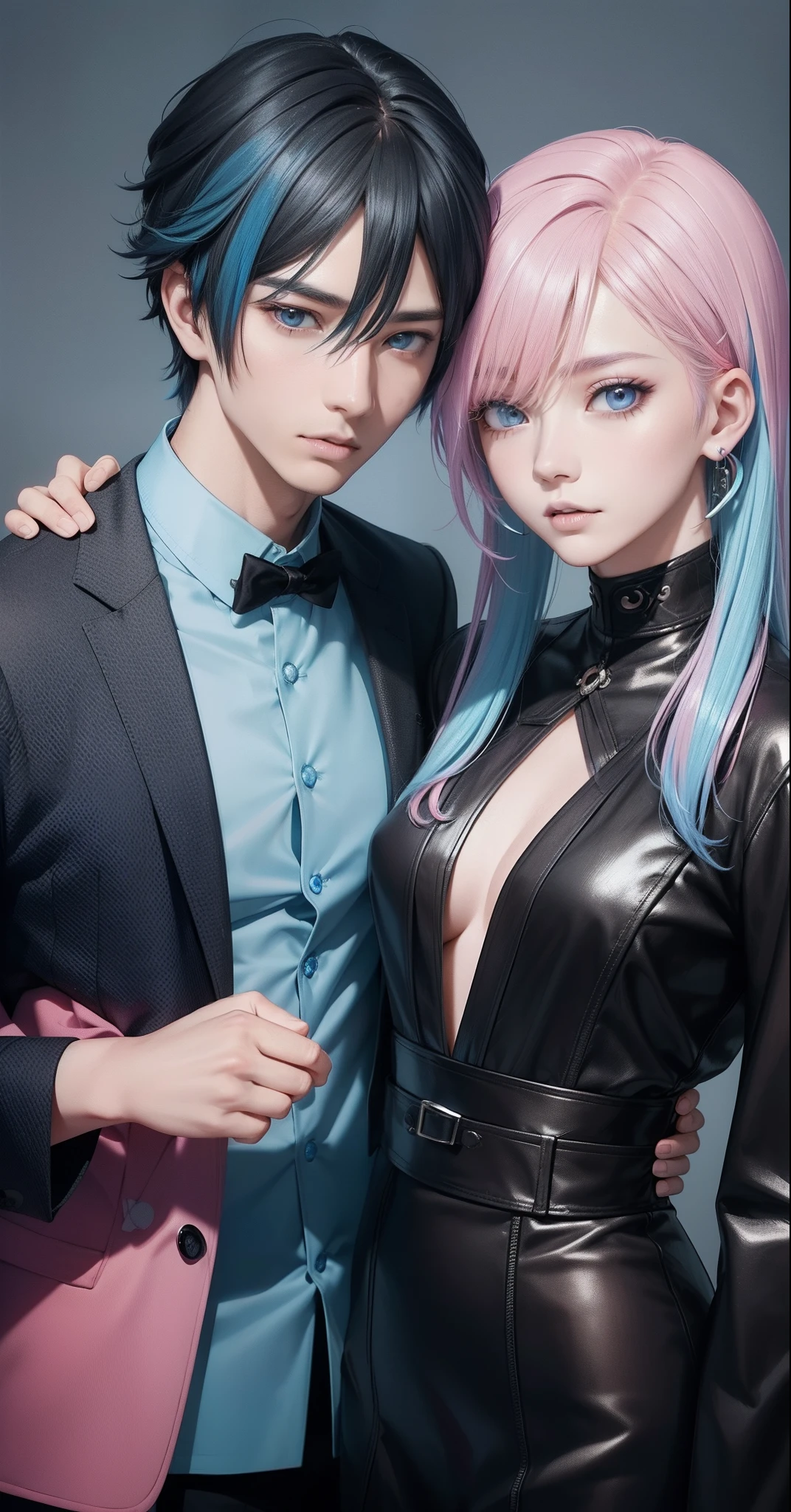((Male and female couples)), Idol Photos, Magazine covers, Photos of actors, Professional Photos, Height difference, tall male, Happiness, youthfulness, extra detailed face, detailed punk hair, very detailed character, inspired by Sim Sa-jeong, Cai Xukun's, detailed realistic faces, highly detailed realistic face, high detailed face anime, realistic detailed face, Accurate detailed face, attractive androgynous humanoid, Cool Korean fashion in black, ((Man with light blue hair)), ((Woman with pink hair)), ((Woman with long hair below waist)), ((Man with short hair over ears)), ((Pink hair woman with gentle expression)), ((Man with light blue hair with wild expression)), high-level image quality, masterpiece, Photographed so that the whole body can be seen, Photographed to make clothes look beautiful, Take your eyes off, ((two individuals)), ((British couple))