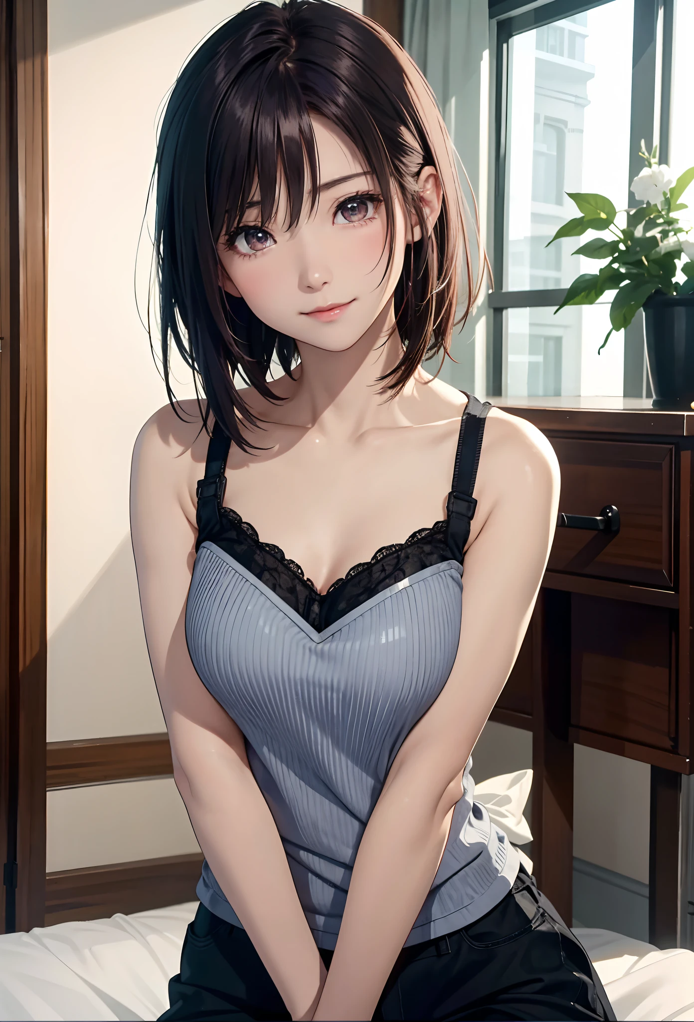 (8K、Photorealsitic、RAW photography、top-quality: 1.3)、(1girl in)、Super beauty、(Real face)、(Boyish、Natural color berry shorthair cat)、T-shirt with open chest、Lace,Entice your audience、Beautiful expression、Beautiful breasts、Lover's perspective、(real looking skin)、beatiful smiling face、(soldier)、enticing、超A high resolution、ultra-realistic realism、high detal、Hanikami