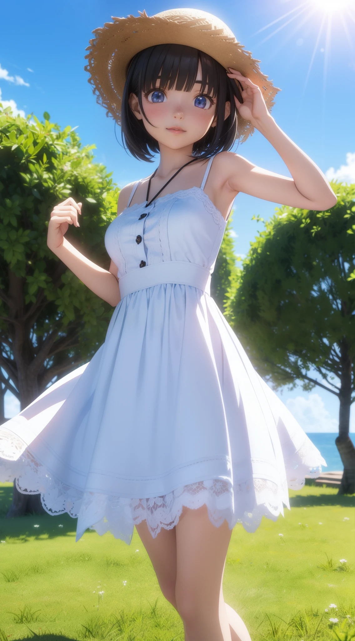 1人の女性、((3d anime))、kawaii、18year old、Lustrous hair、Bob Hair、Random Poses、Refreshing grasslands、Bright sun、Bright sunshine、Wearing a white dress、Wearing a straw hat、White heels、petite back