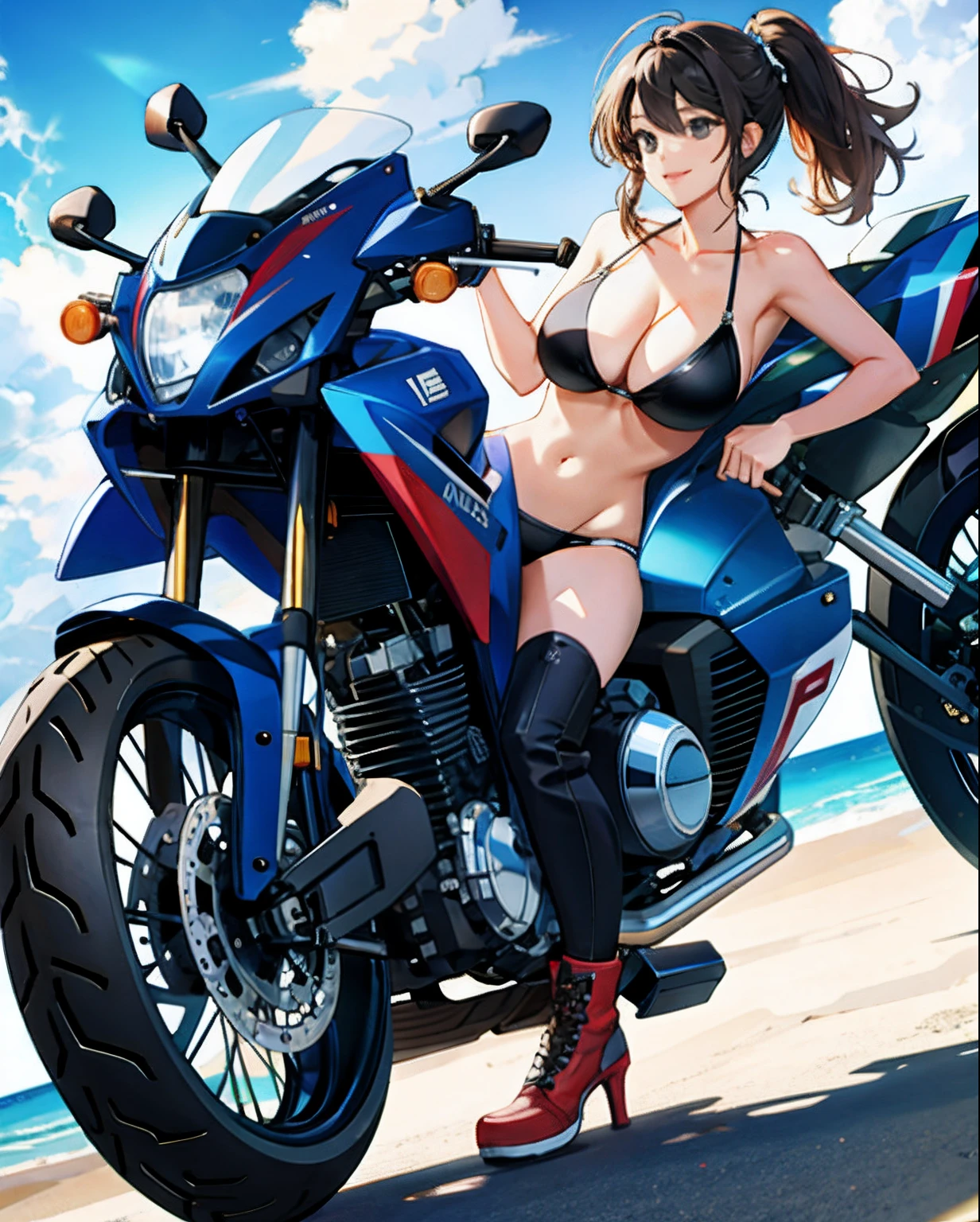 Motorcycle girl Bikini Big breasts Cleavage Areola clearly visible Slim body can be seen