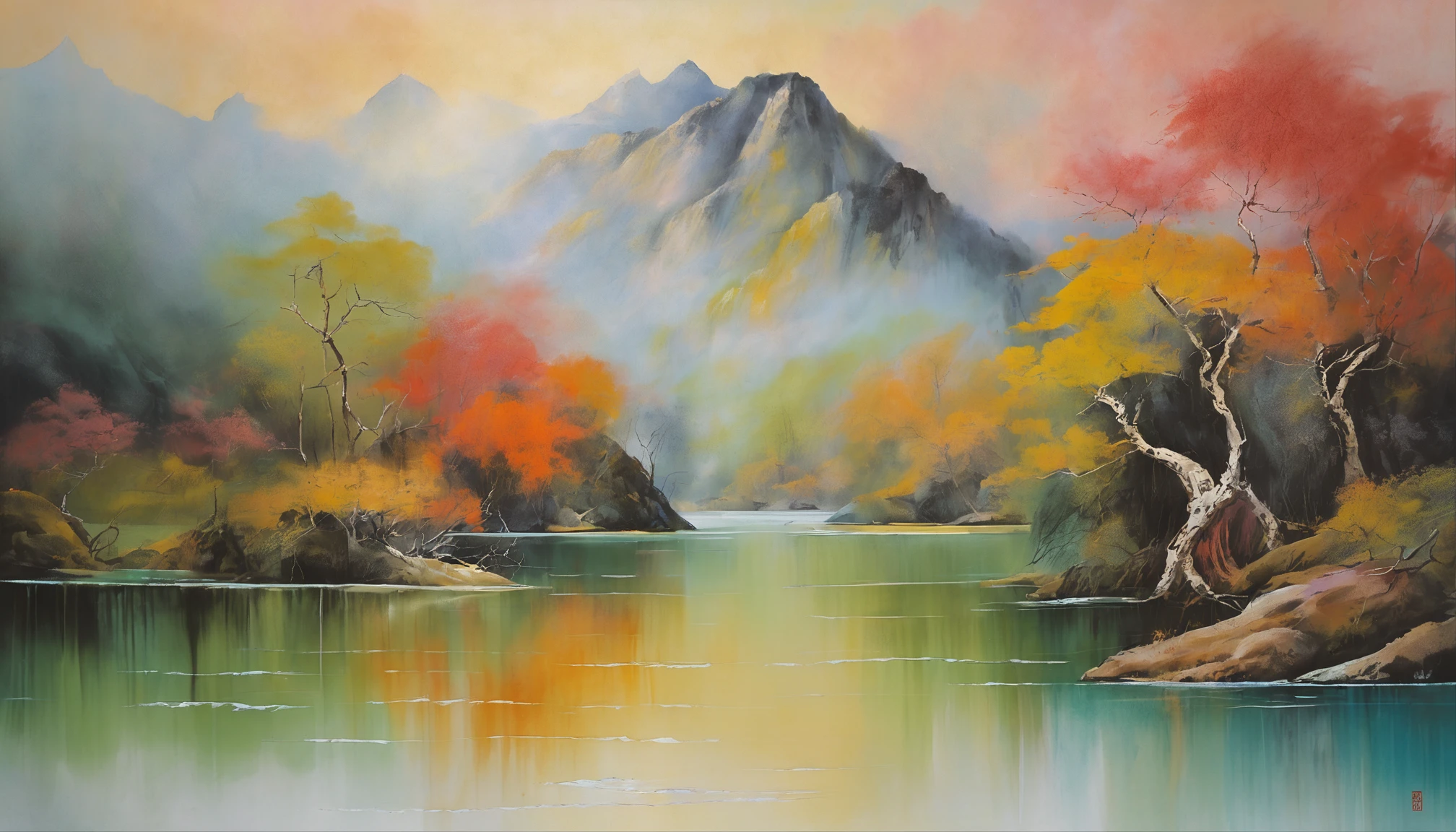 painting of a mountain landscape with a lake and a boat, illustration matte painting, by Li Tiefu, artwork in the style of z.w. gu, chinese surrealism, chinese landscape, inspired by Kanō Naizen, chinese style painting, symmetric matte painting, detailed scenery —width 672, japonisme 3 d 8 k ultra detailed